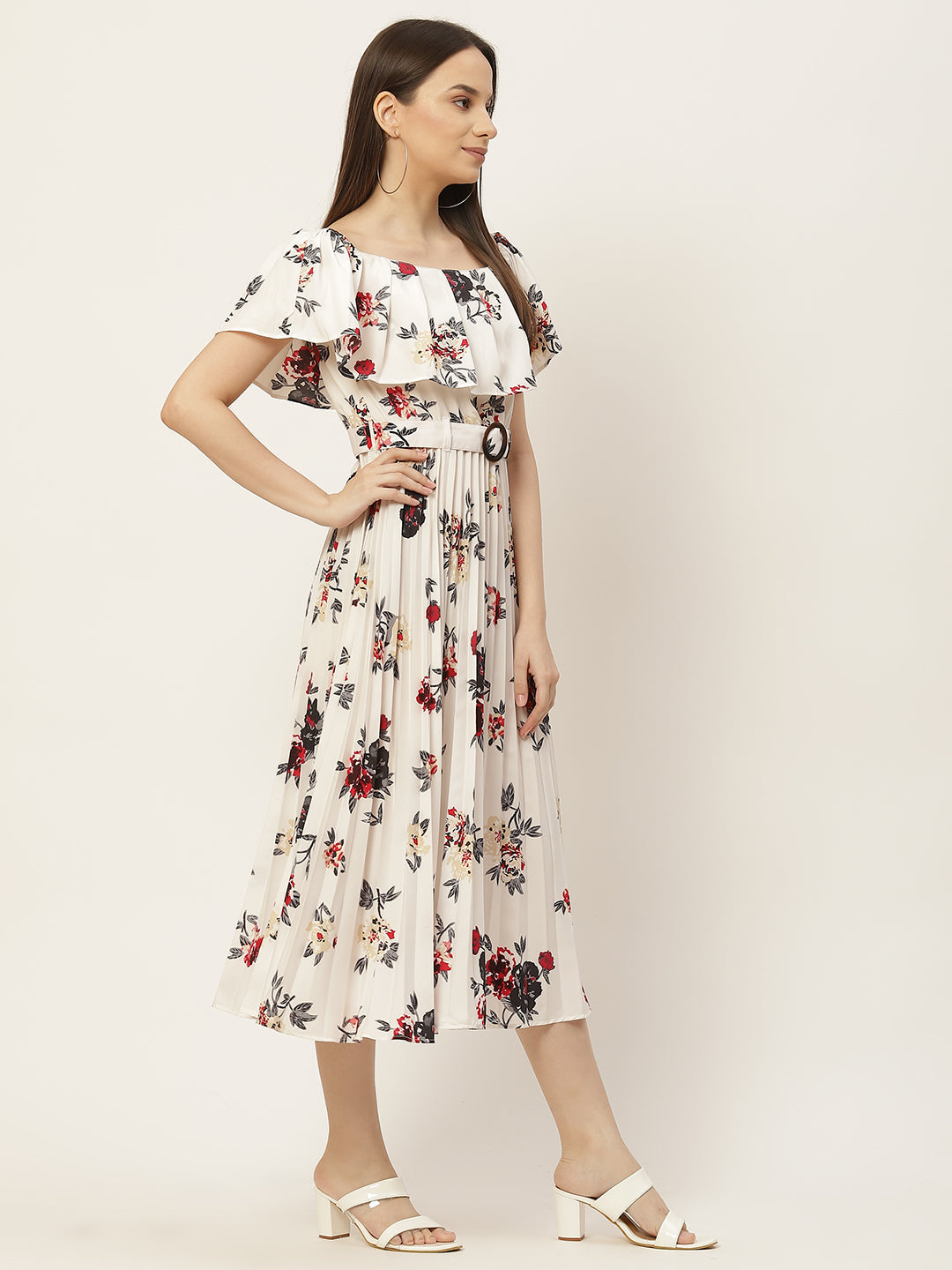 White & Multicoloured Floral Off-Shoulder Layered Crepe A-Line Midi Dress