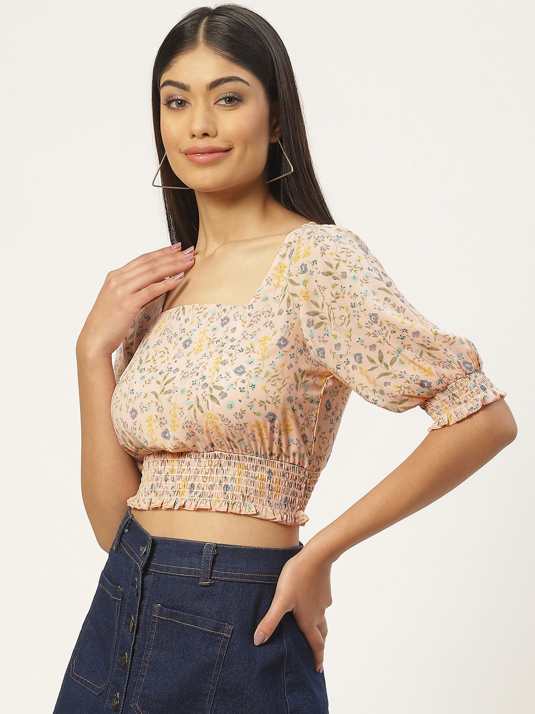 Peach Floral Print Smocked Georgette Blouson Top