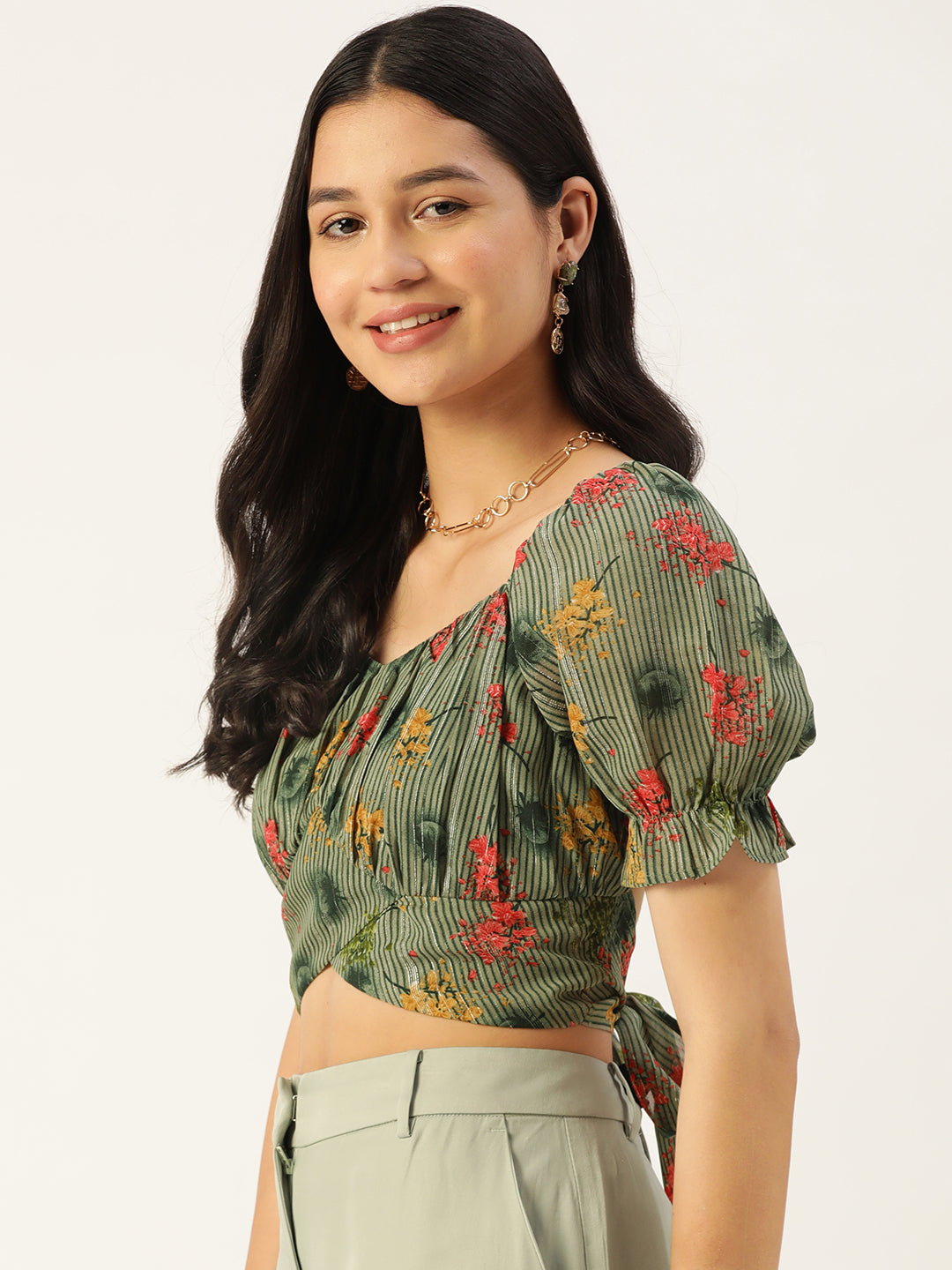 Floral Print Sweetheart Neck Georgette Crop Top