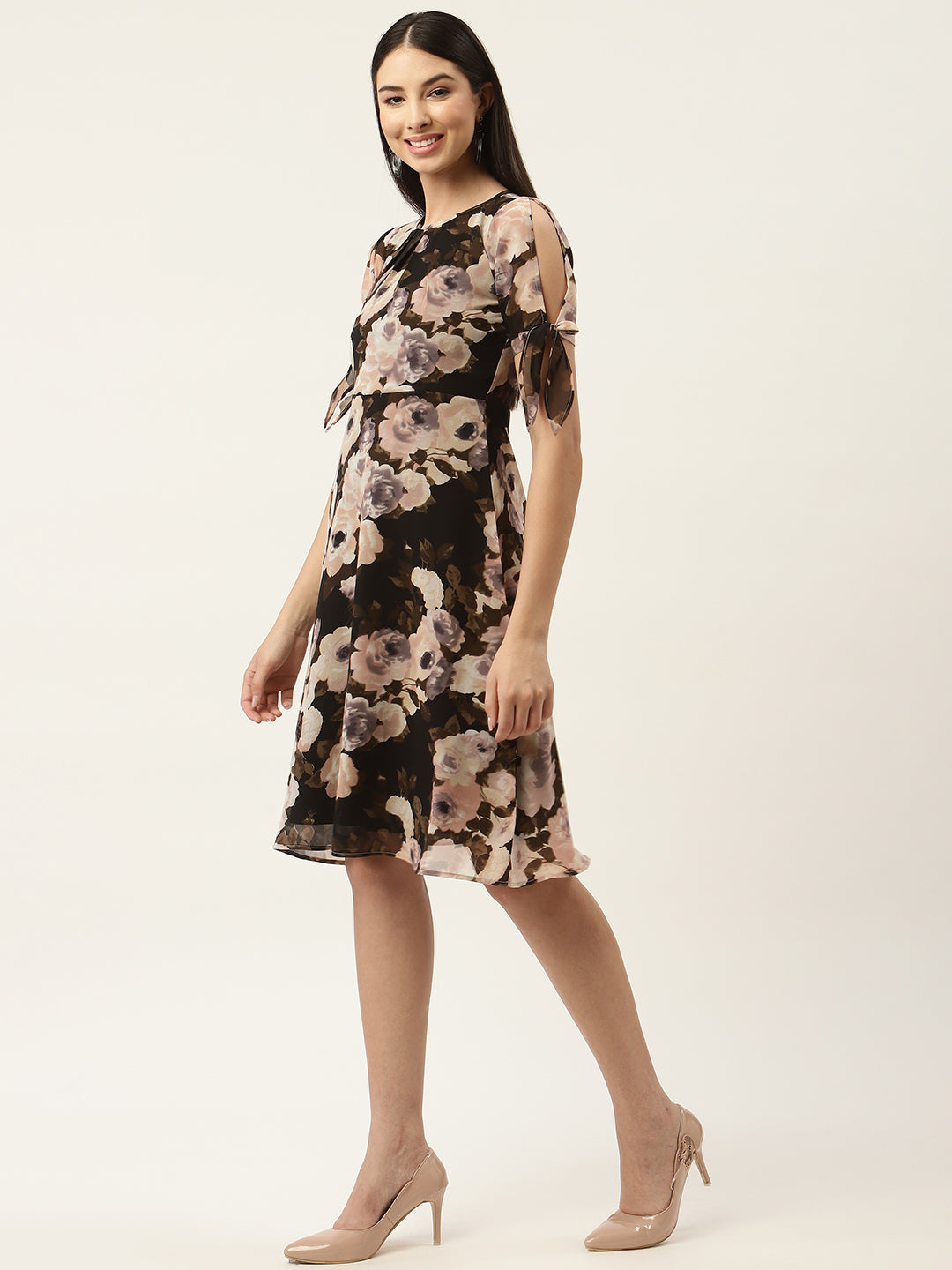 Black & Peach-Coloured Floral Georgette Dress