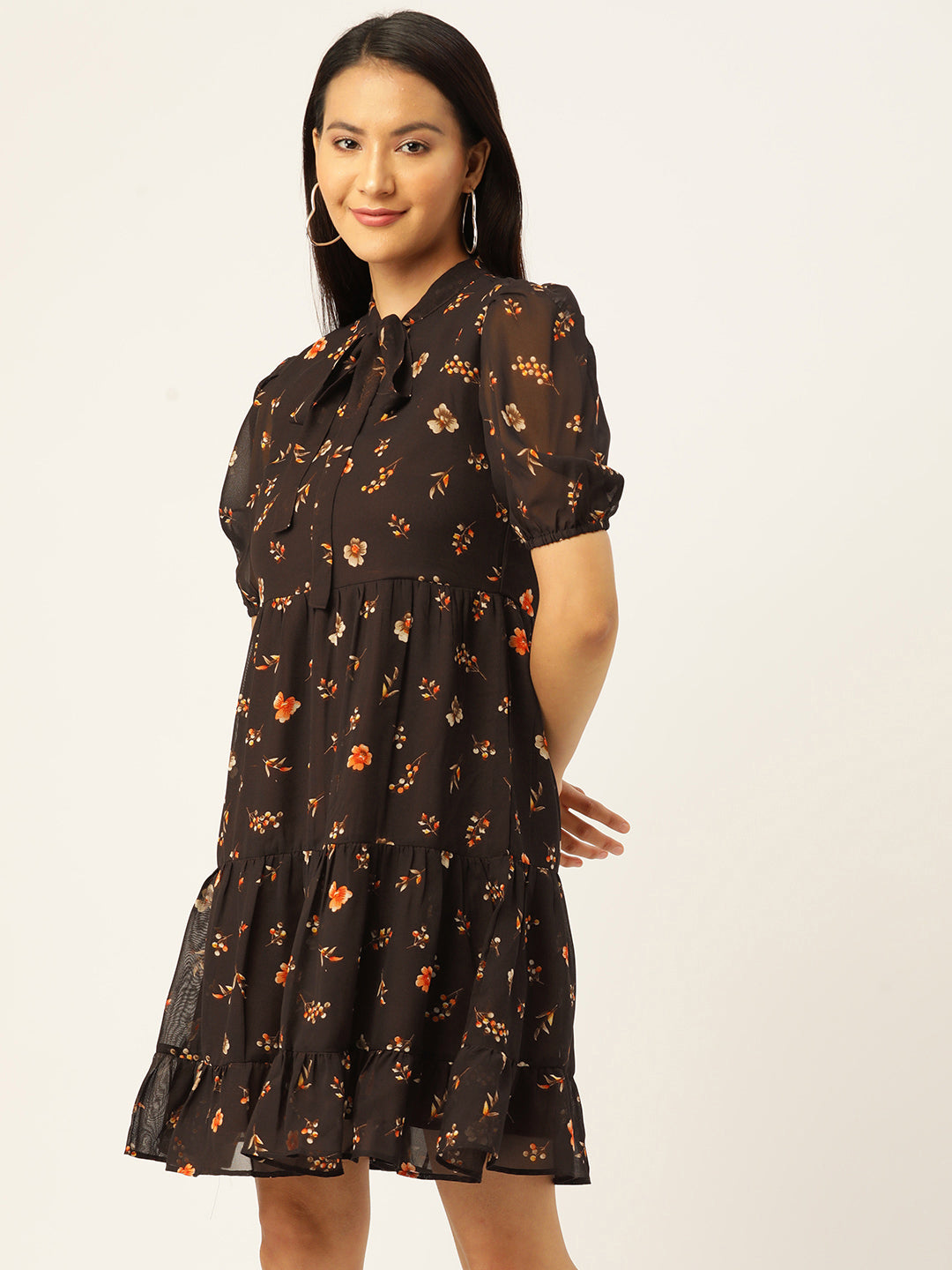 Floral Print Puff Sleeves Tie-Up Neck Georgette A-Line Dress