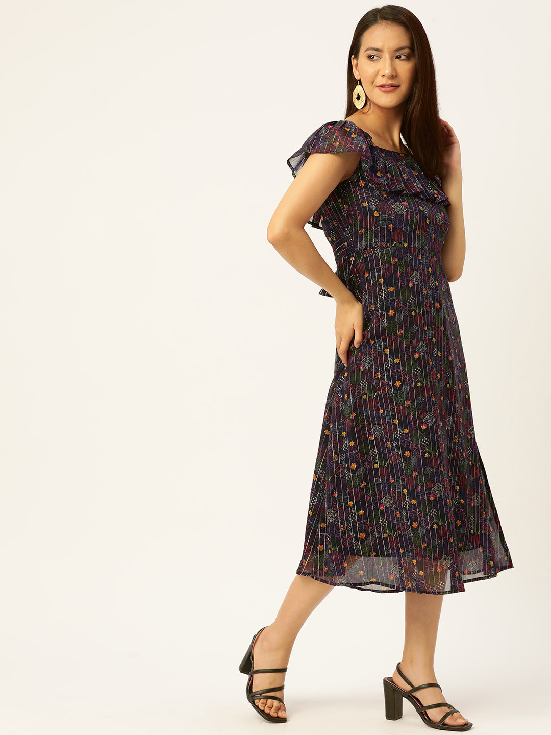 Floral Print Flared Sleeves Georgette Midi Dress