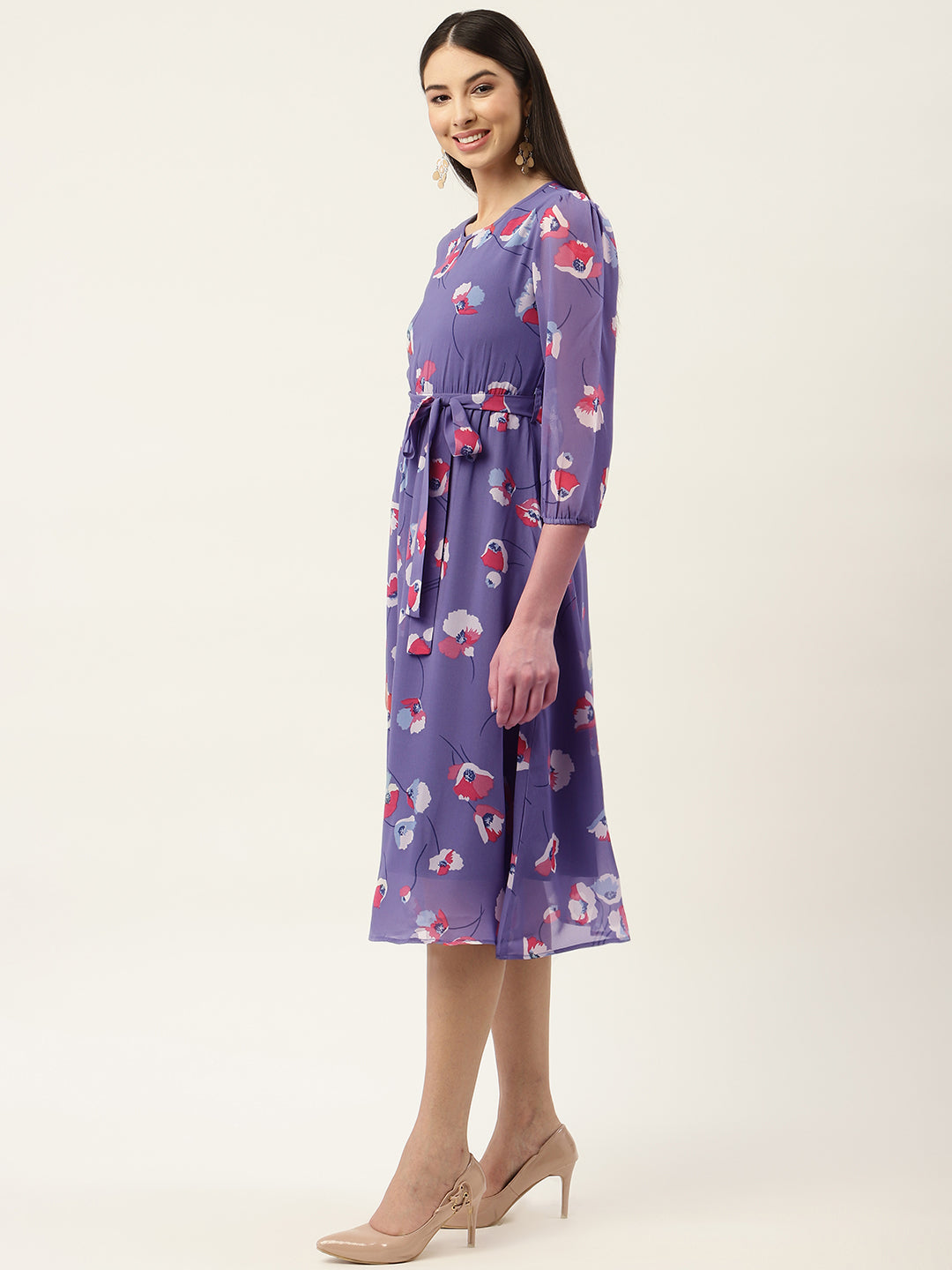 Purple & Red Floral Georgette A-Line Midi Dress