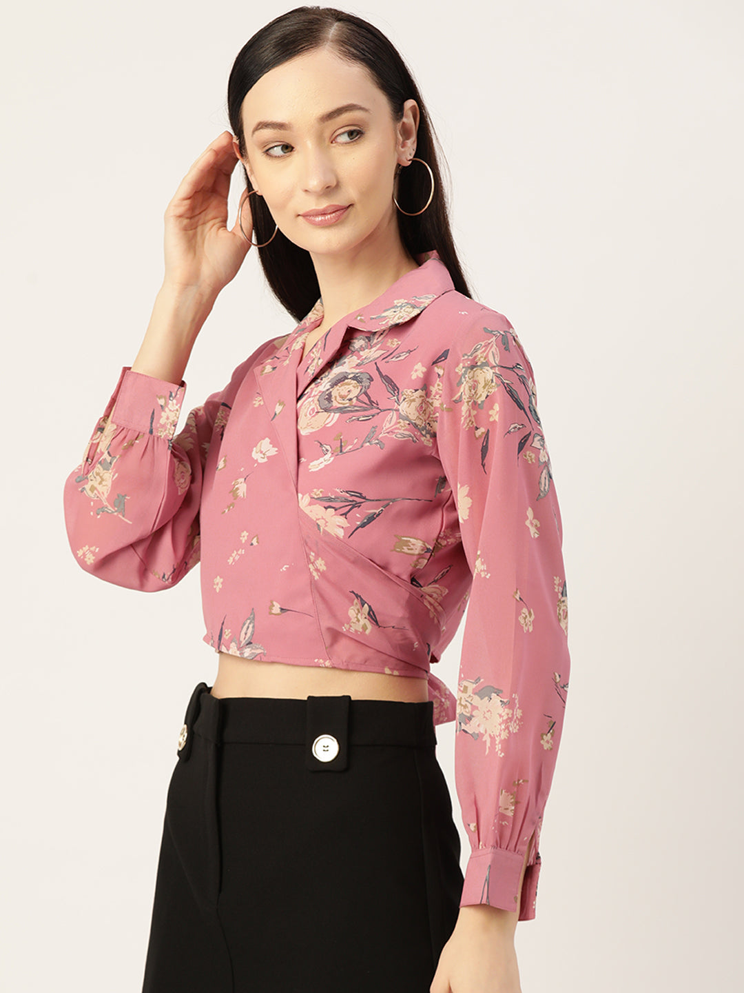 Pink Floral Print Georgette Wrap Crop Top