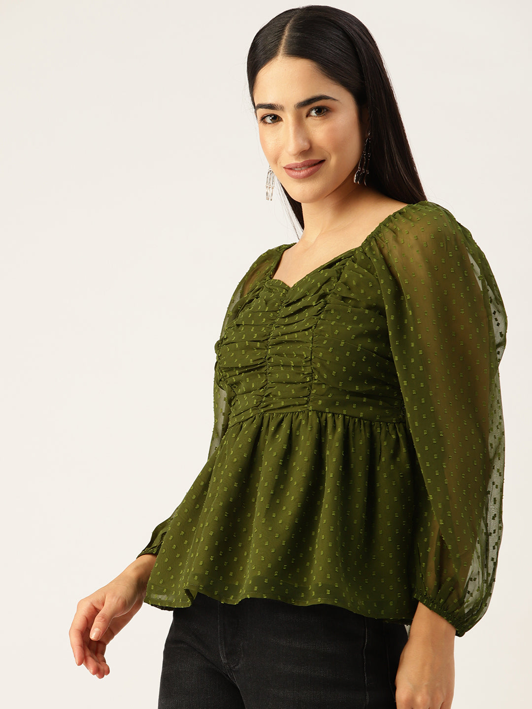 Olive Green Sweetheart Neck Georgette Peplum Top