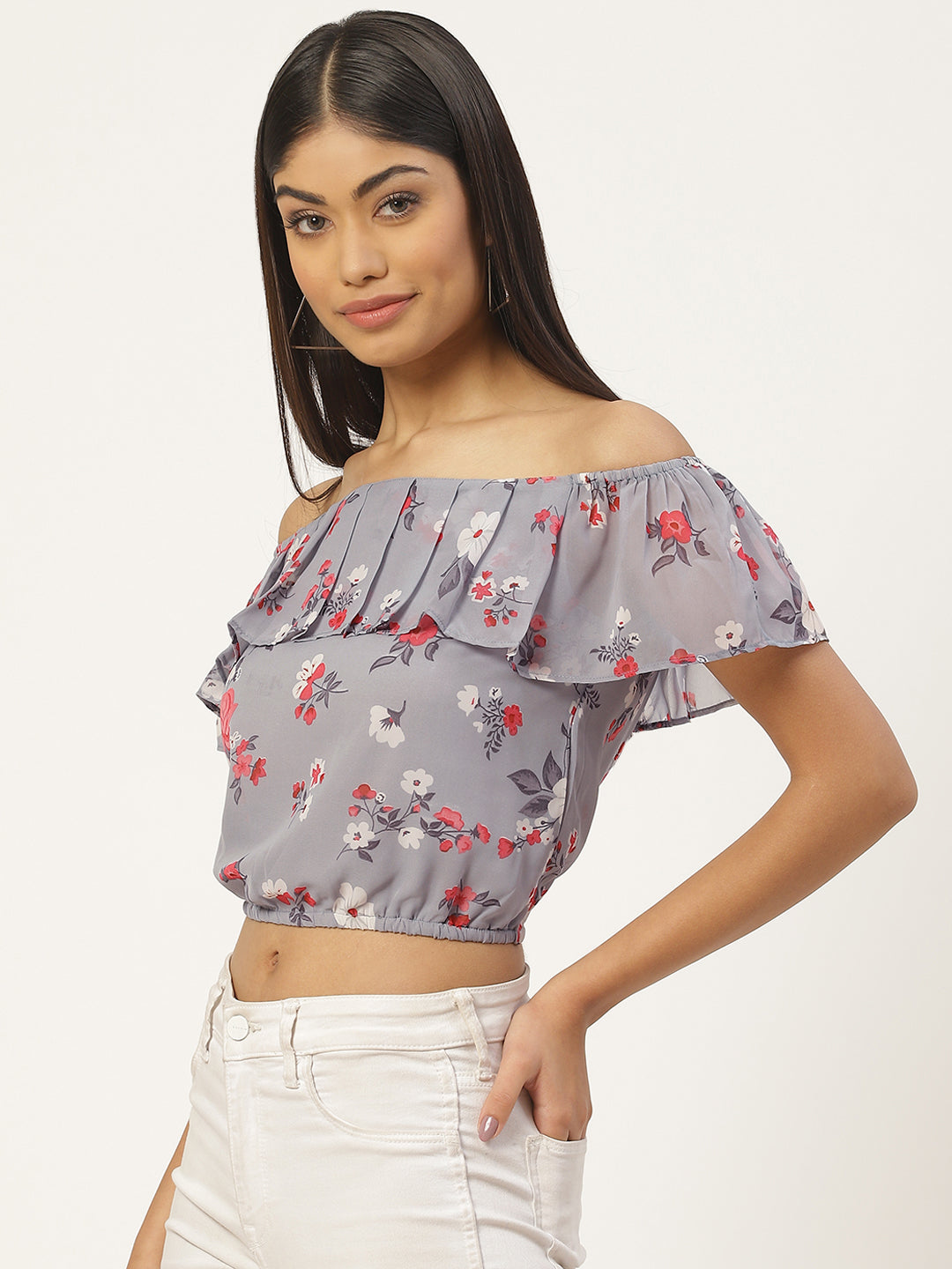 Grey Floral Print Off-Shoulder Ruffles Bardot Top