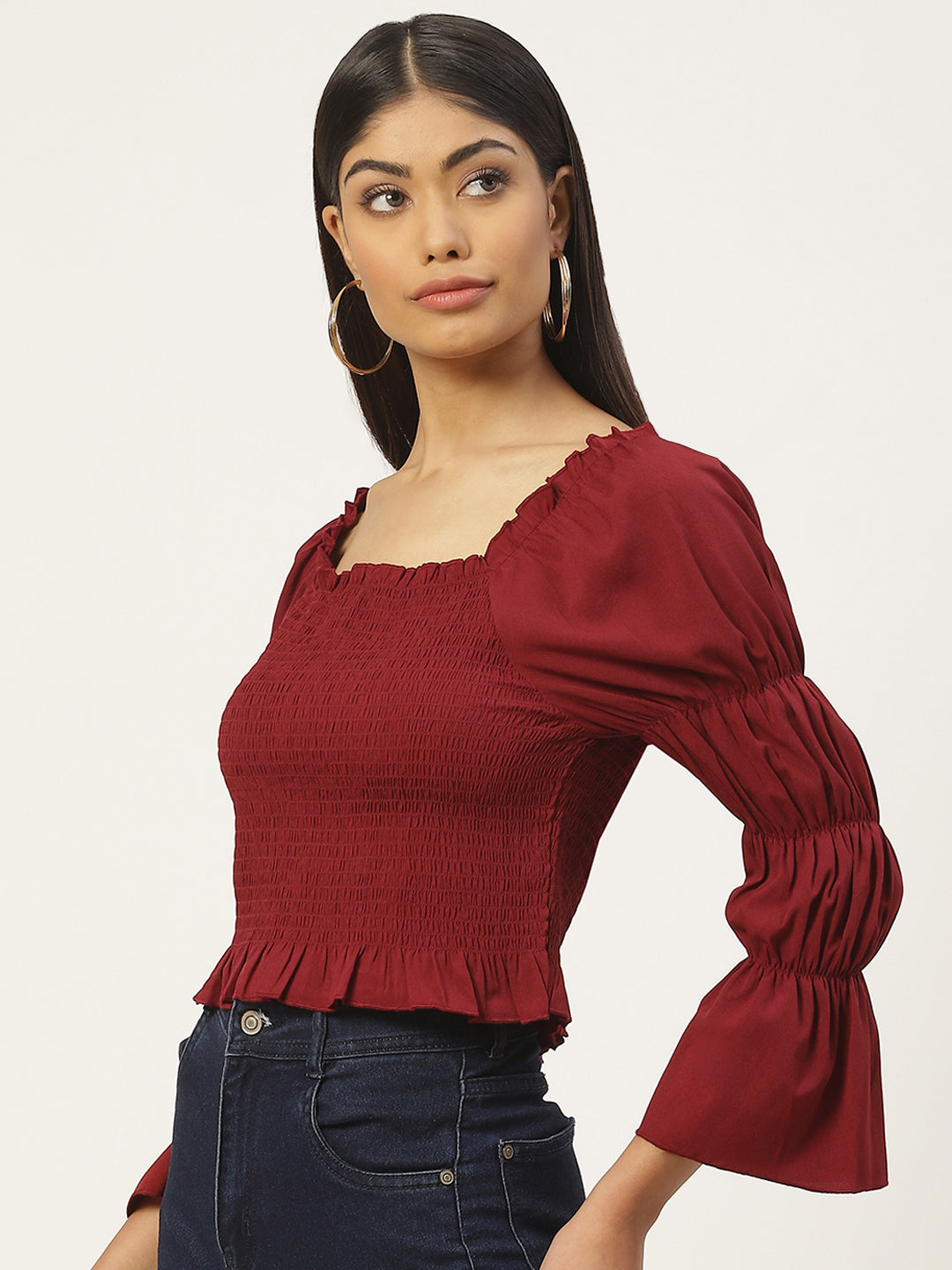 Smocked Crepe Peplum Top