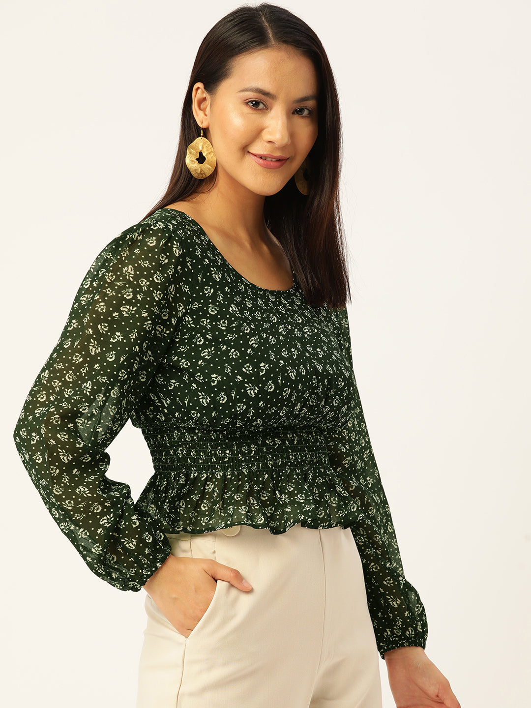 Floral Print Puff Sleeves Georgette Peplum Top