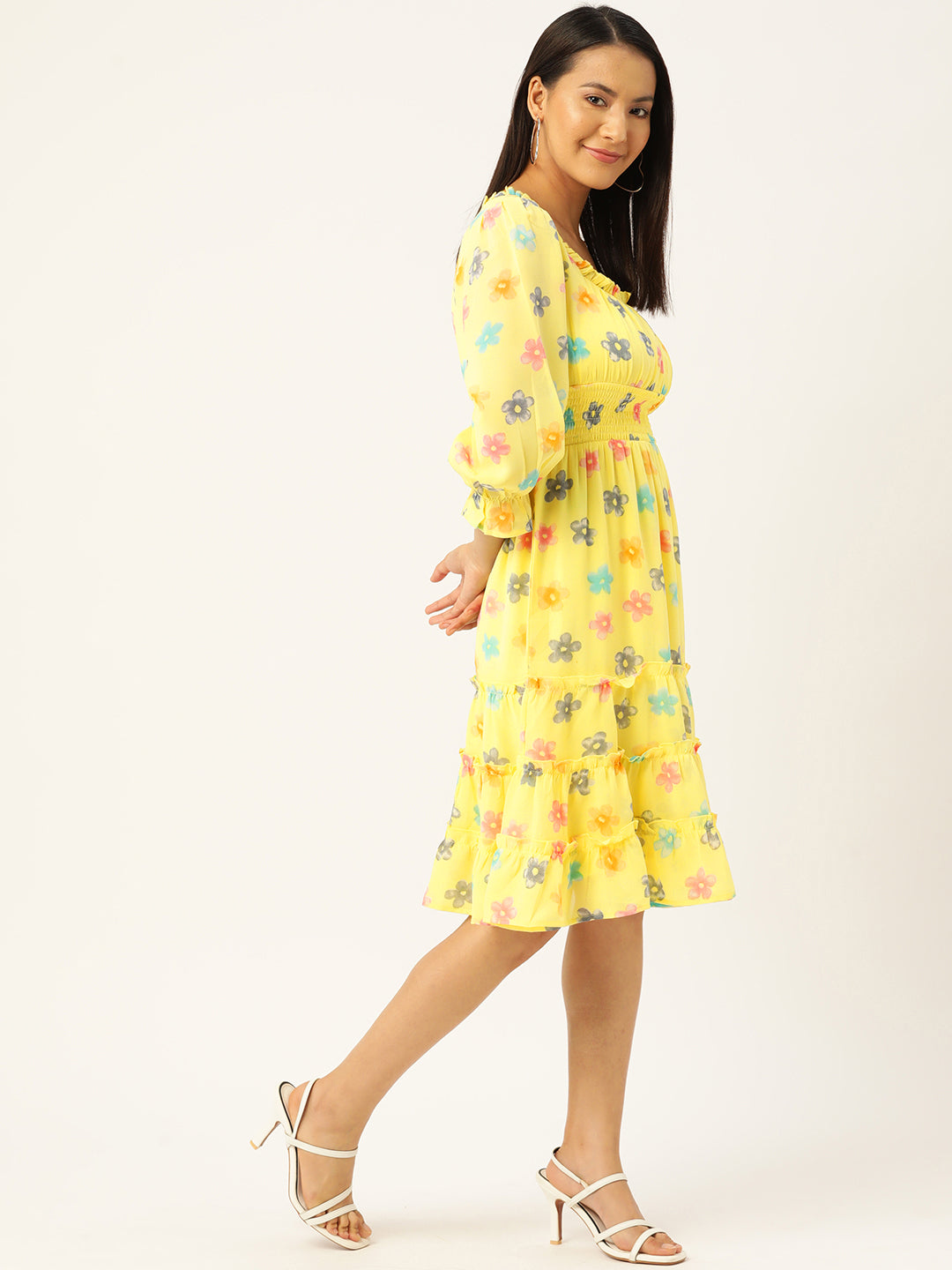 Floral Print Puff Sleeves Georgette Midi Dress