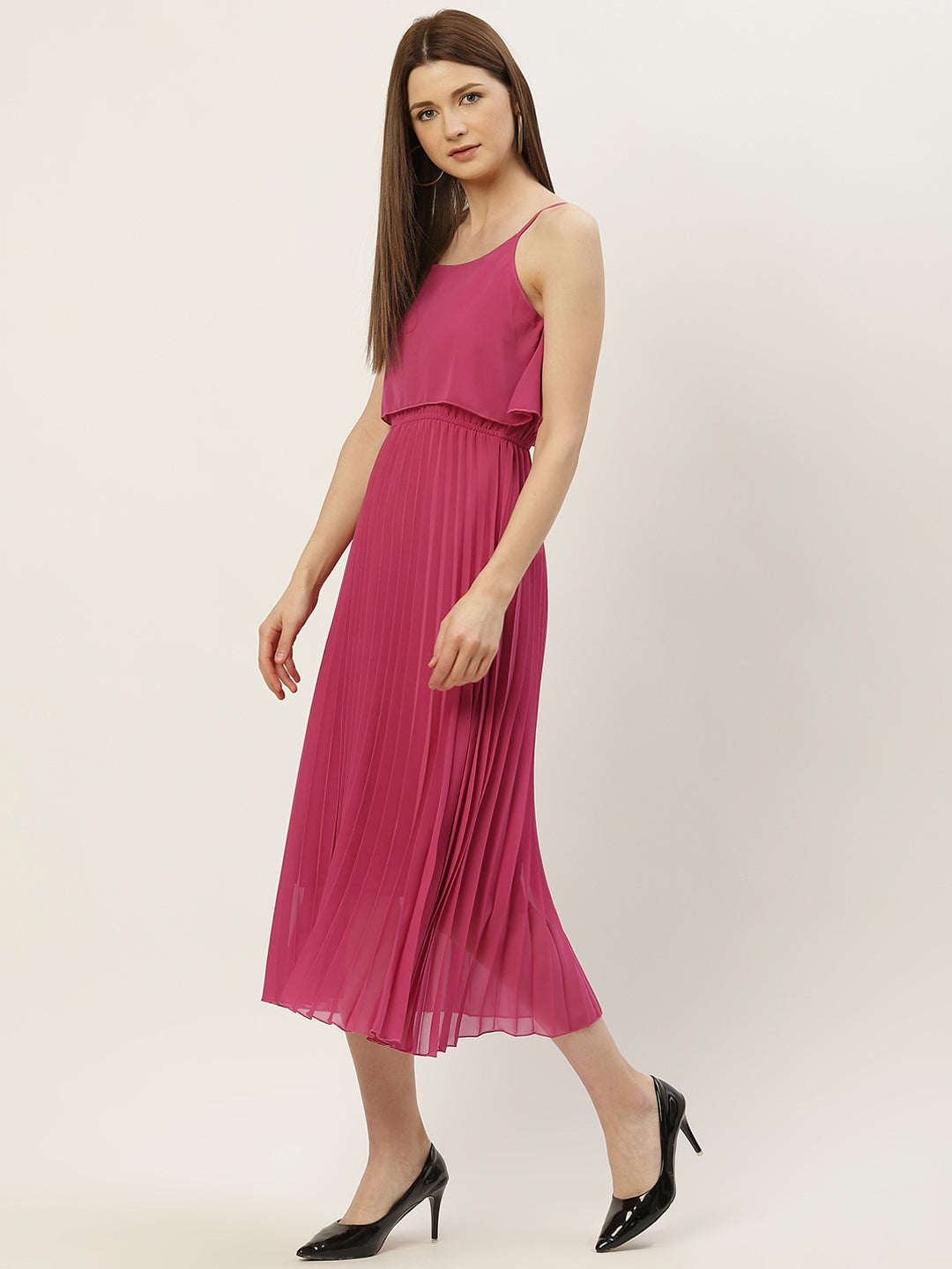 Women A-line Pink Pleated Dress