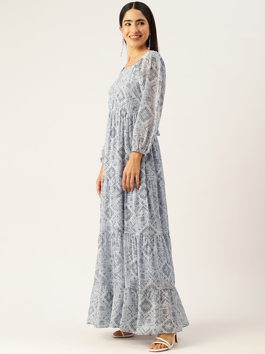 Blue Geometric Printed Puff Sleeves Georgette A-Line Maxi Dress