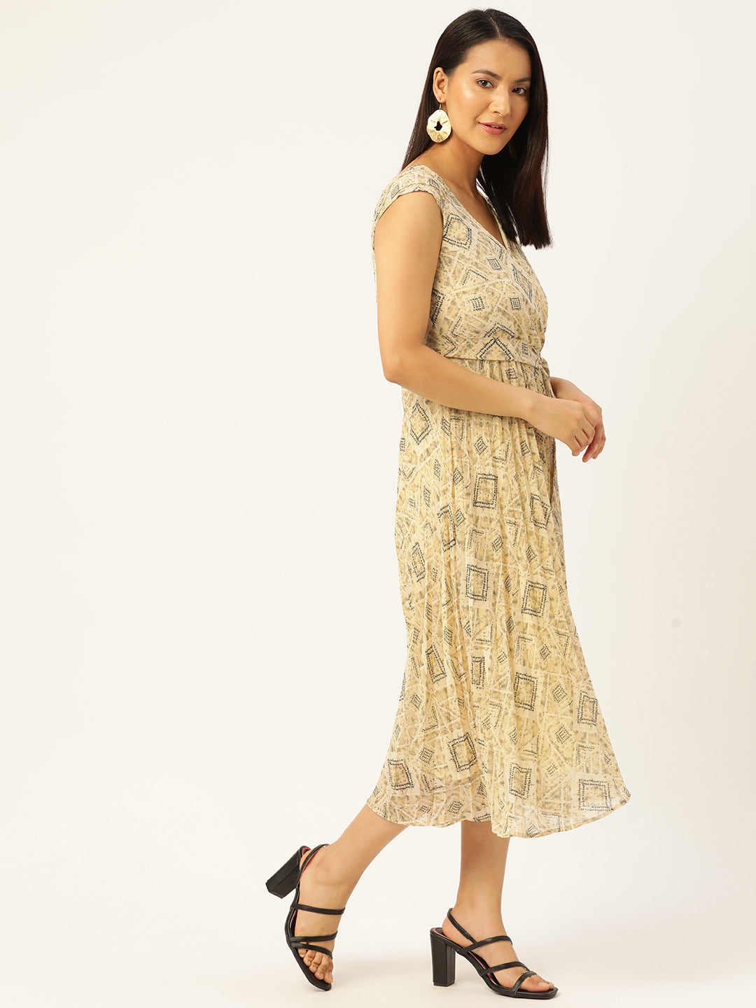 Geomatric Print Georgette Midi Wrap Dress