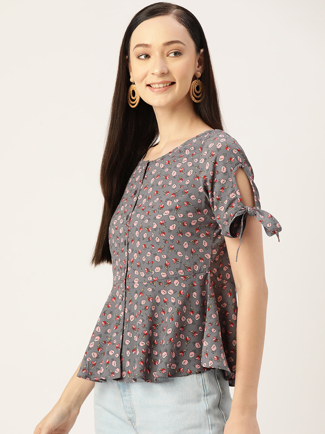 Grey Floral Print Crepe Top