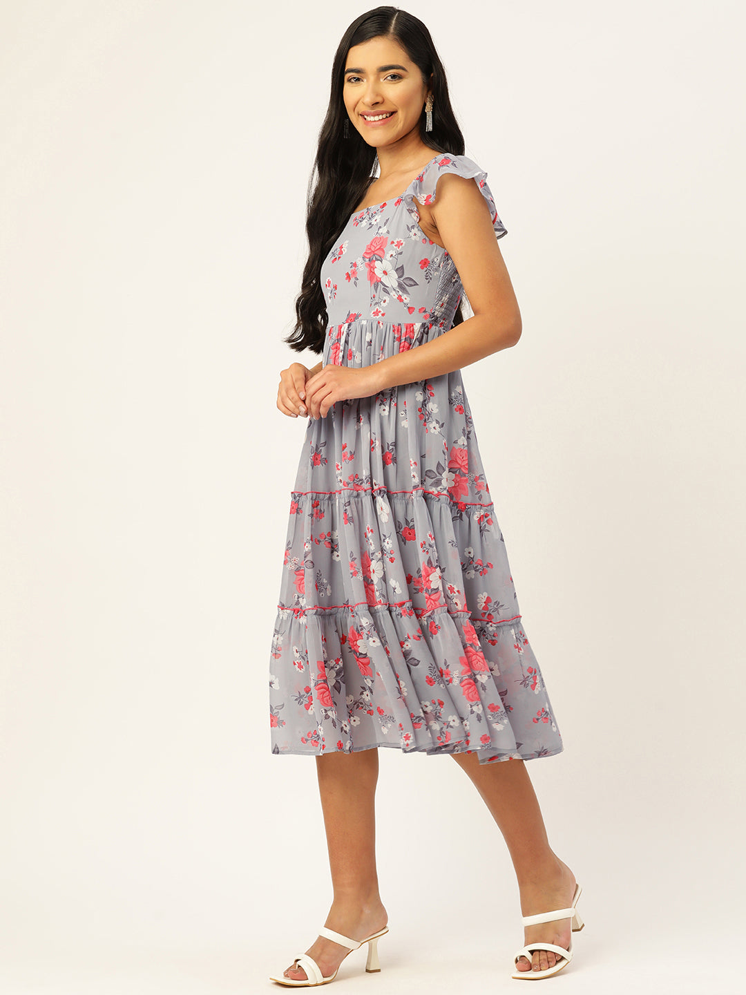 Floral Print Flutter Sleeves Georgette Midi Dress