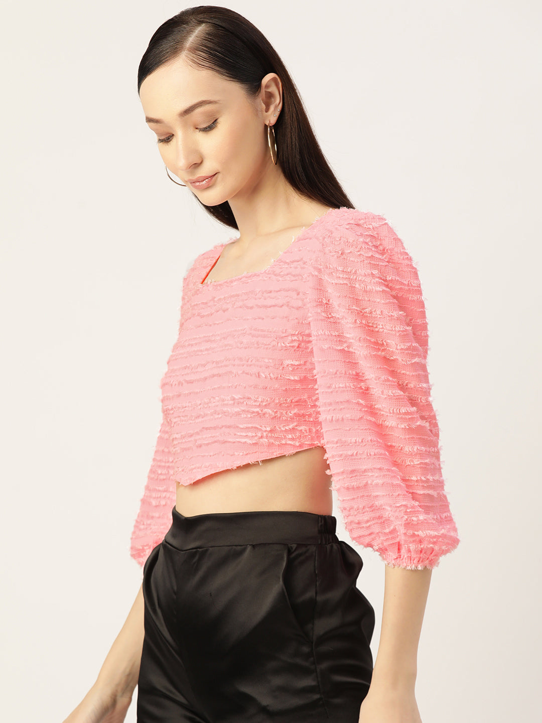 Pink Textured Georgette Crop Top