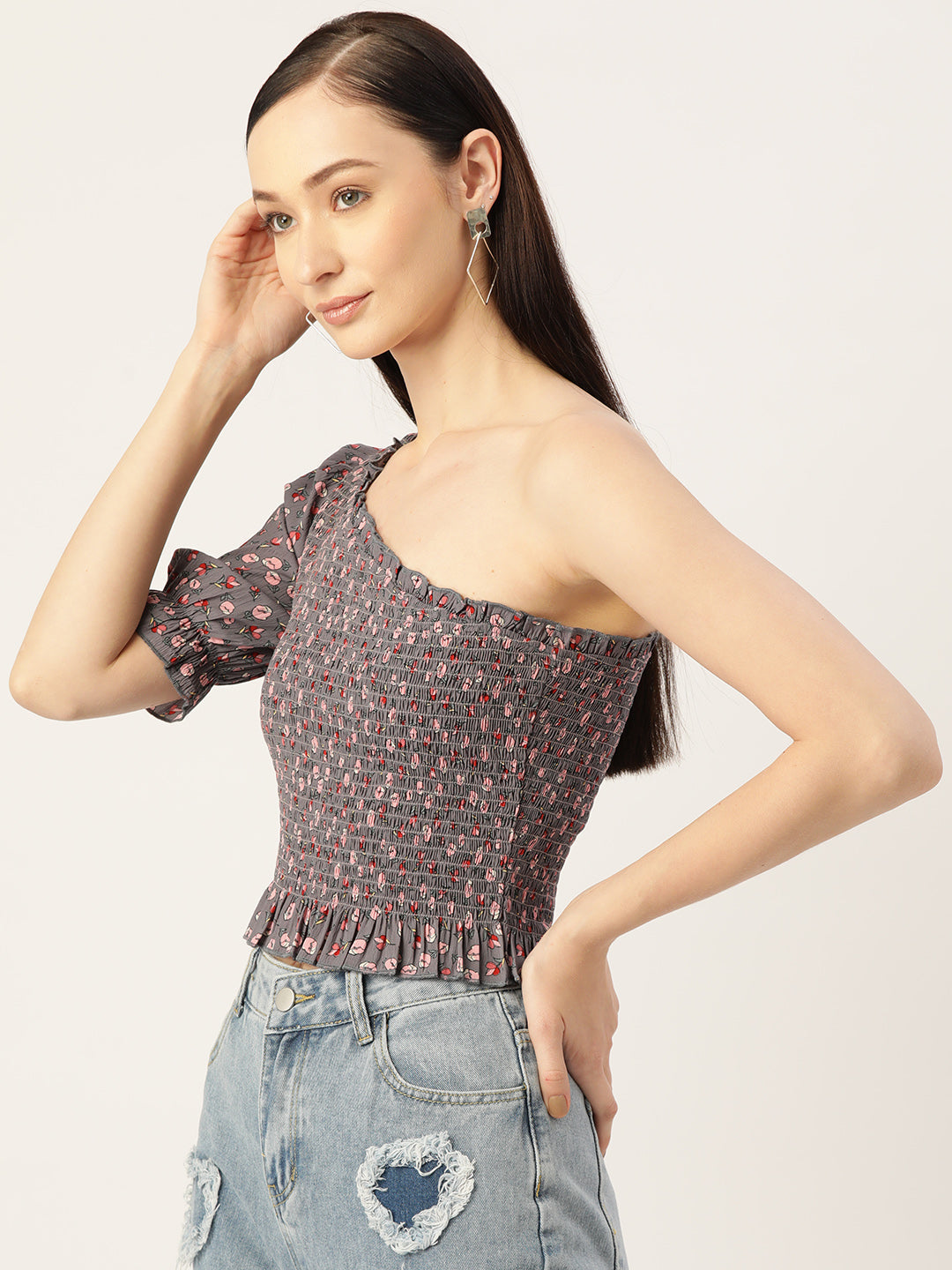 Grey Floral Print Smocked One Shoulder Crepe Top