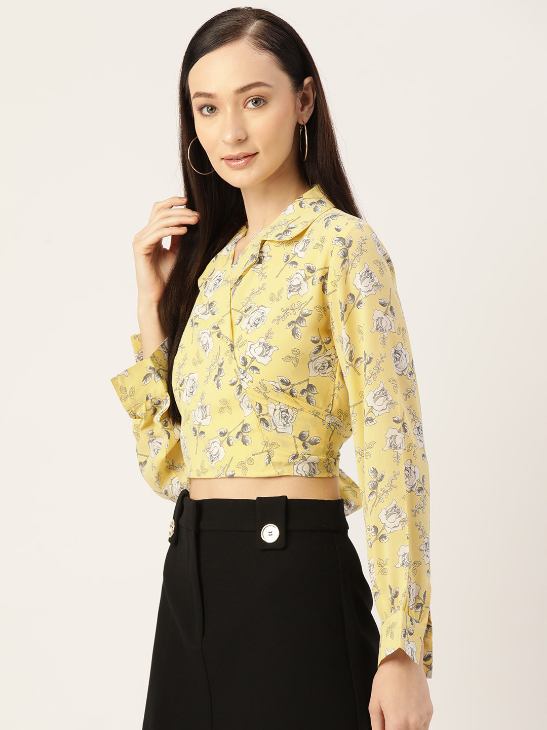 Yellow Floral Print Georgette Wrap Crop Top