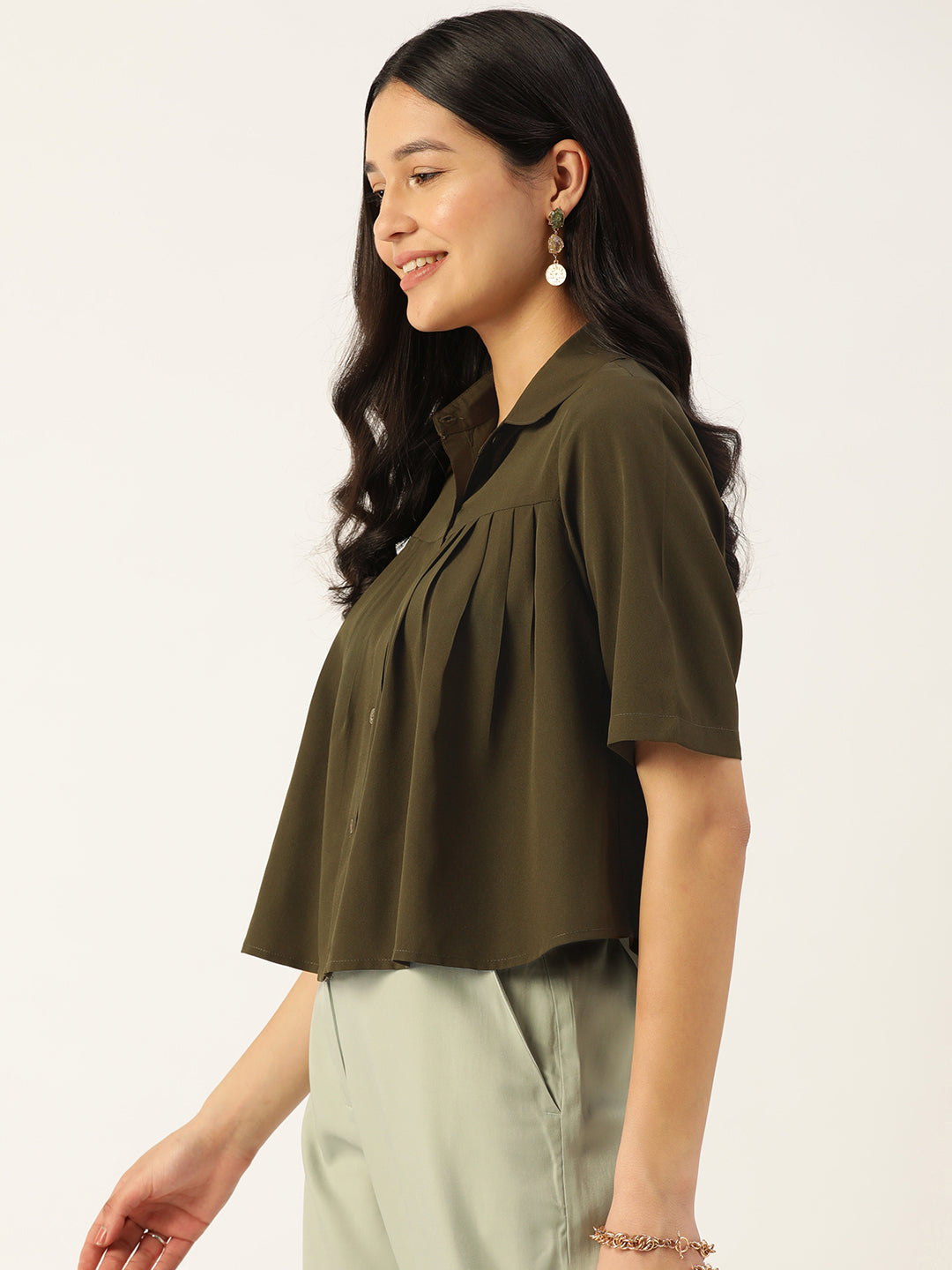 Women Solid Olive Green Casual Shirt