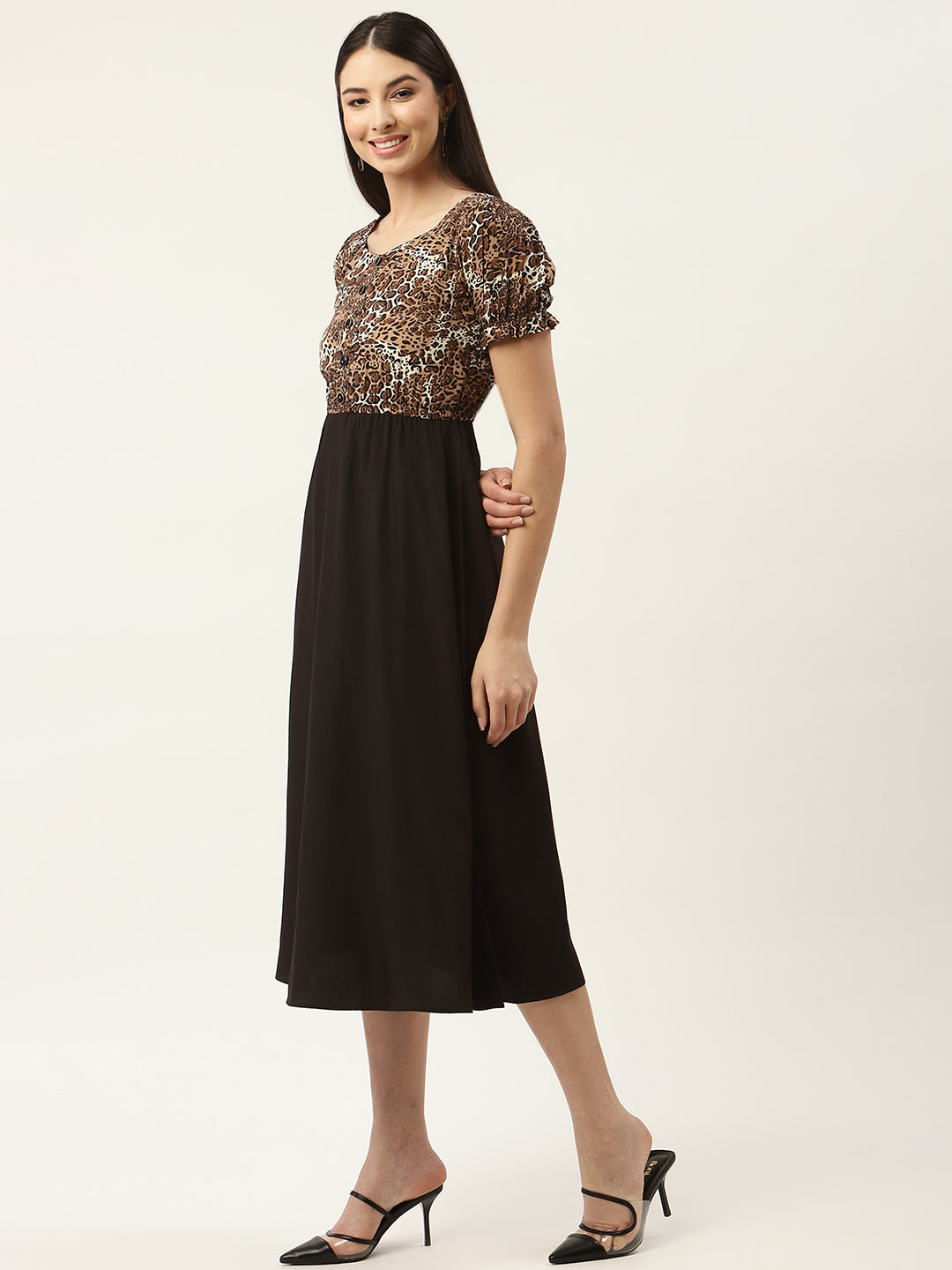 Black & Brown Animal Crepe A-Line Midi Dress