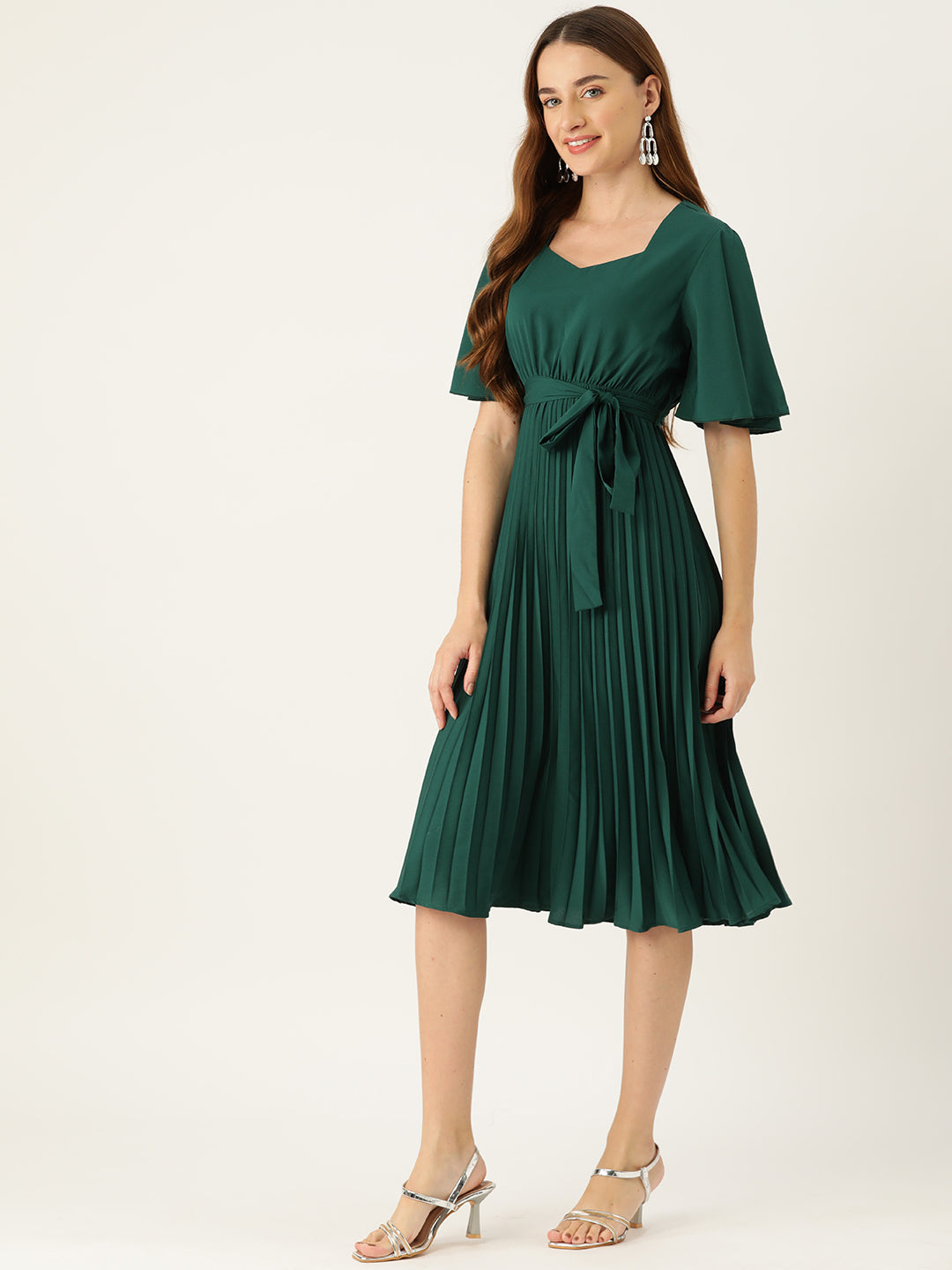 Slenor Flared Sleeve Tie-Ups Crepe A-Line Dress