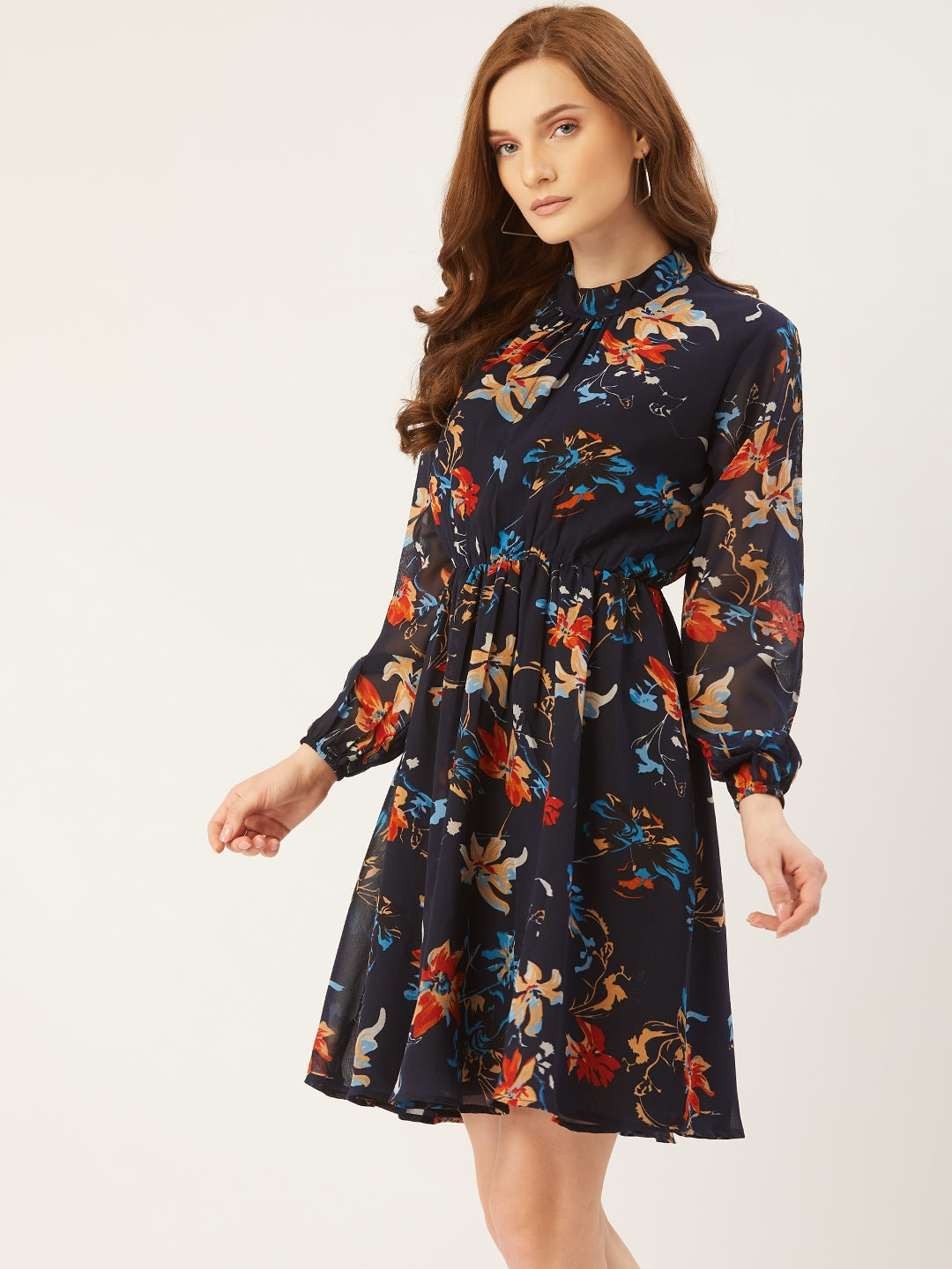 Women Navy Blue Floral Printed A-Line Dress