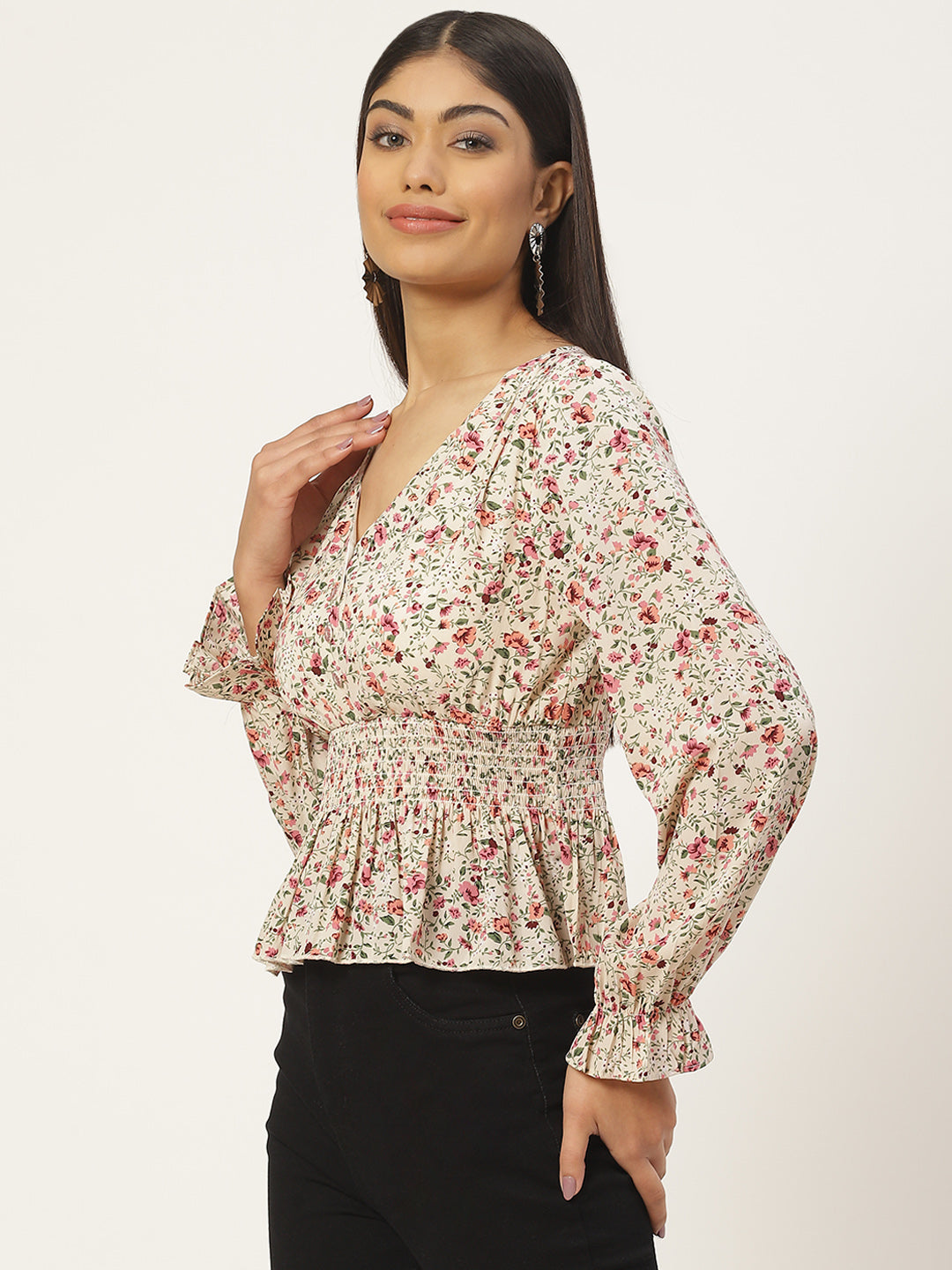 Floral Print Smocked Georgette Peplum Top