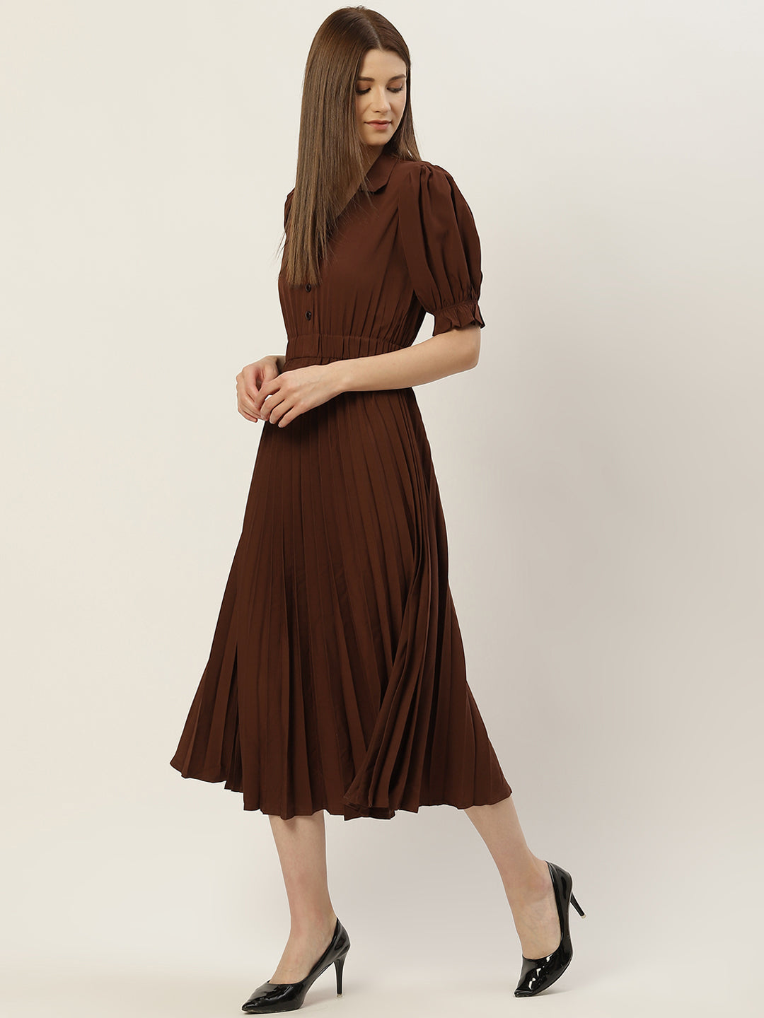 Women Brown Crepe Midi Dress