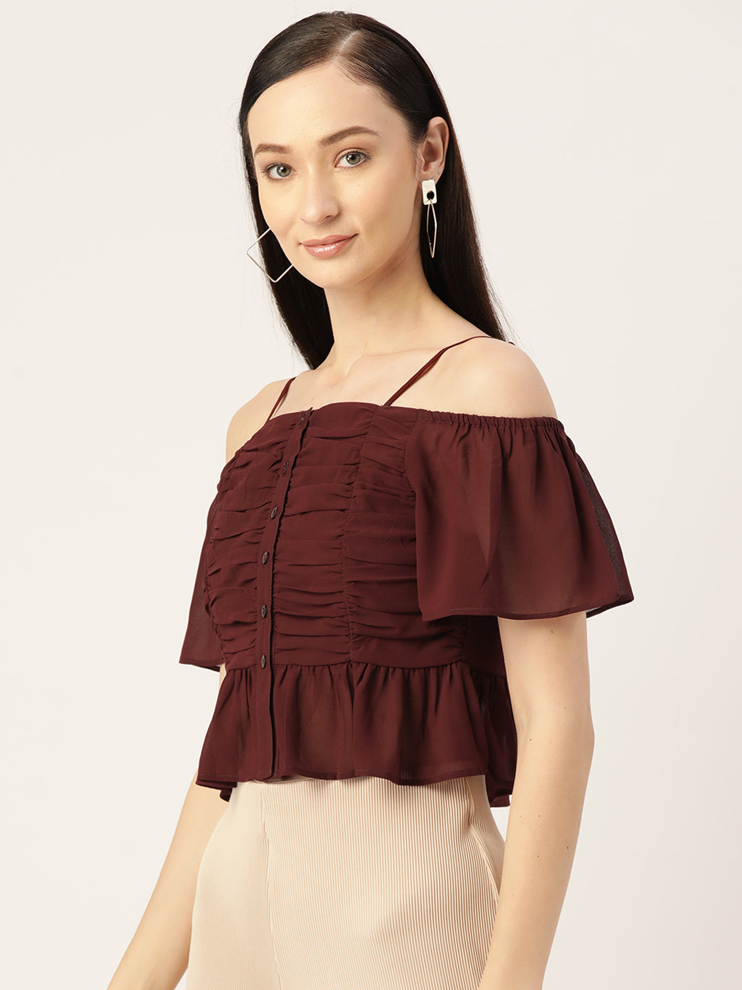 Maroon Ruched Georgette Bardot Top