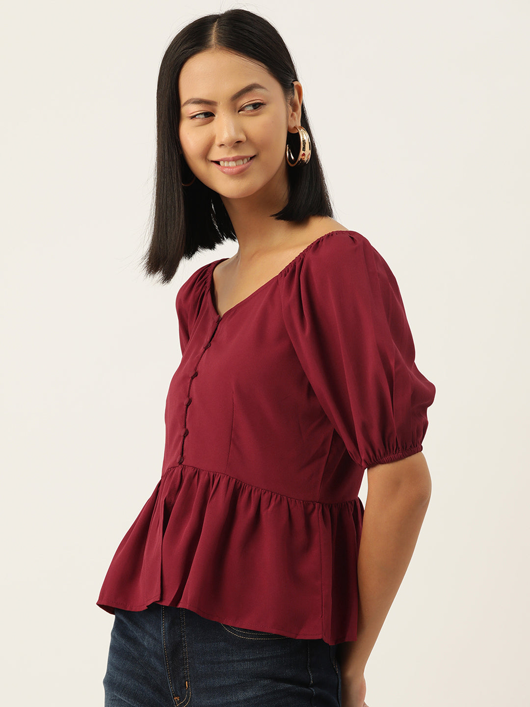 Maroon Solid Sweetheart Neck Puff Sleeve Crepe Peplum Top