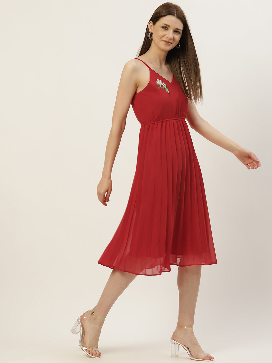 Women Red Georgette A-Line Midi Dress