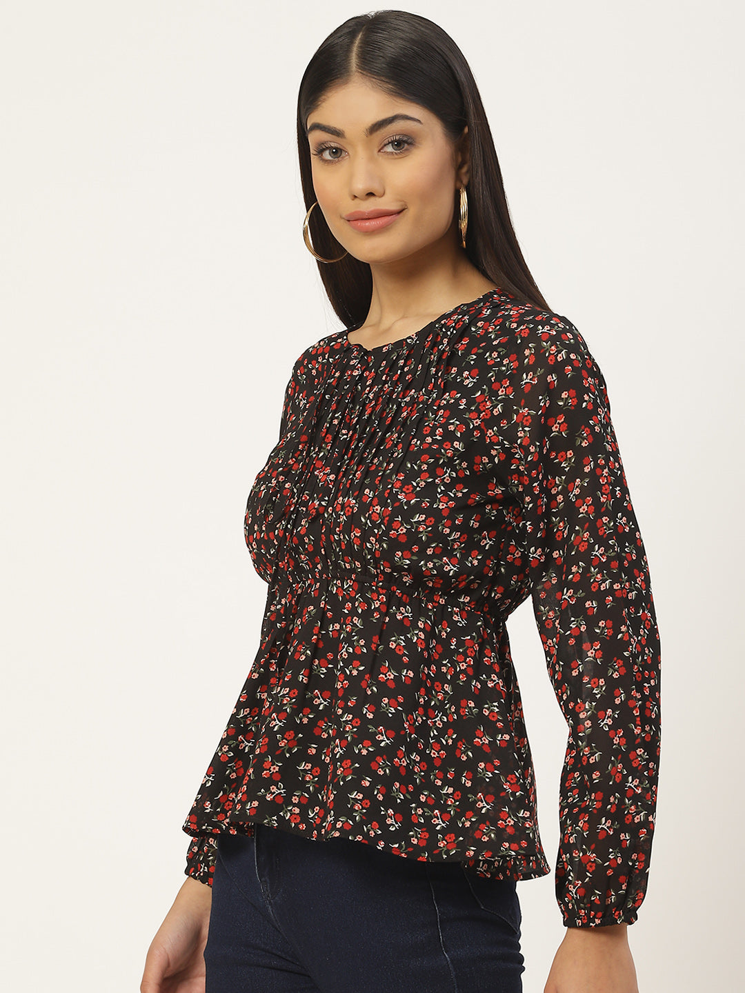 Multicloured Floral Print Tie-Up Neck Georgette Peplum Top