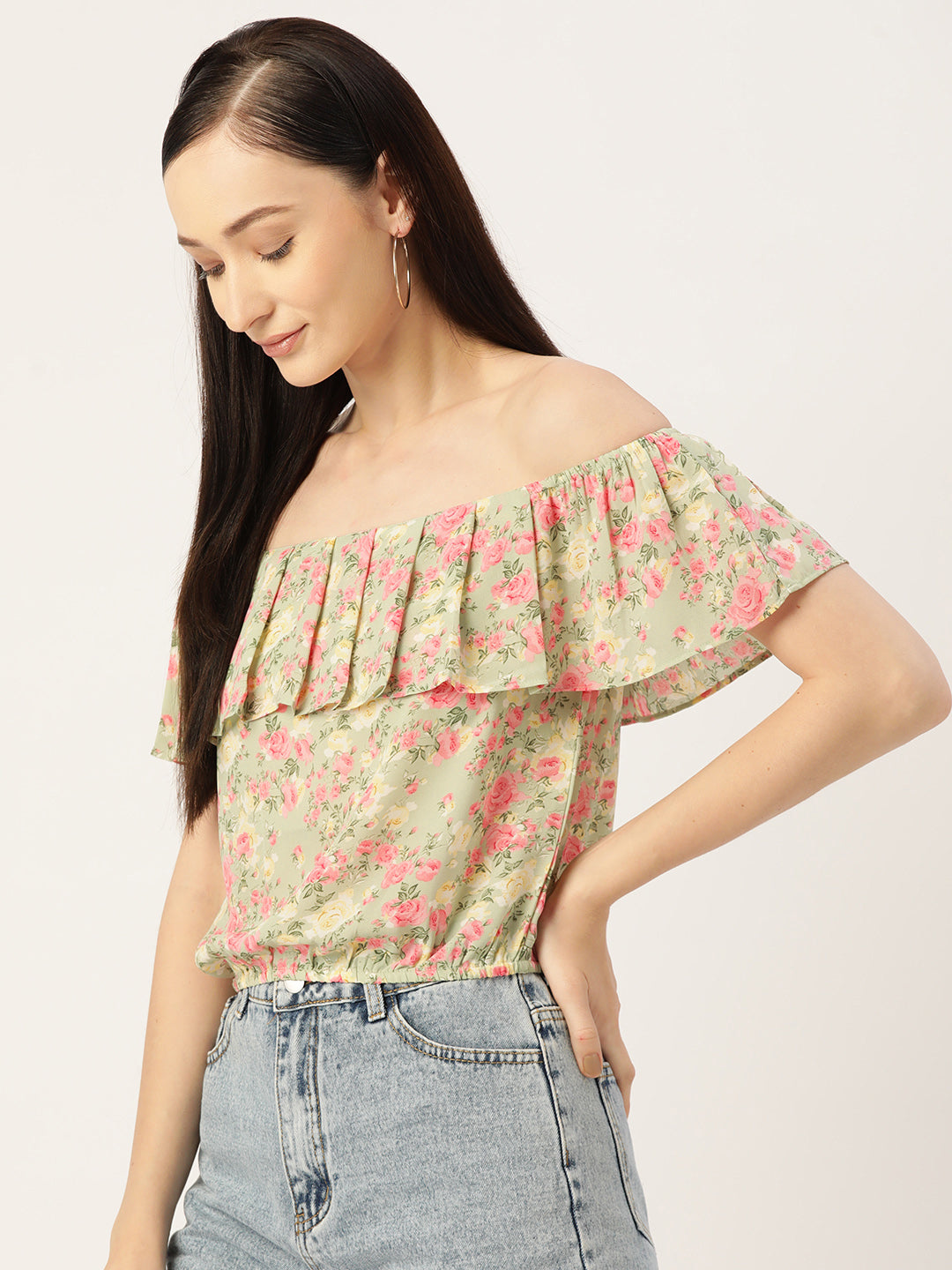 Multicoloured Floral Print Off-Shoulder Ruffles Bardot Top