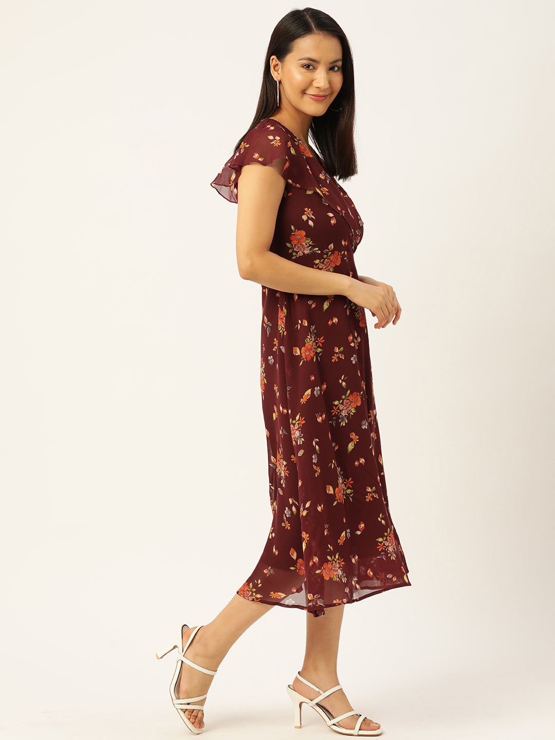 Floral Print Flared Sleeves Georgette Wrap Midi Dress