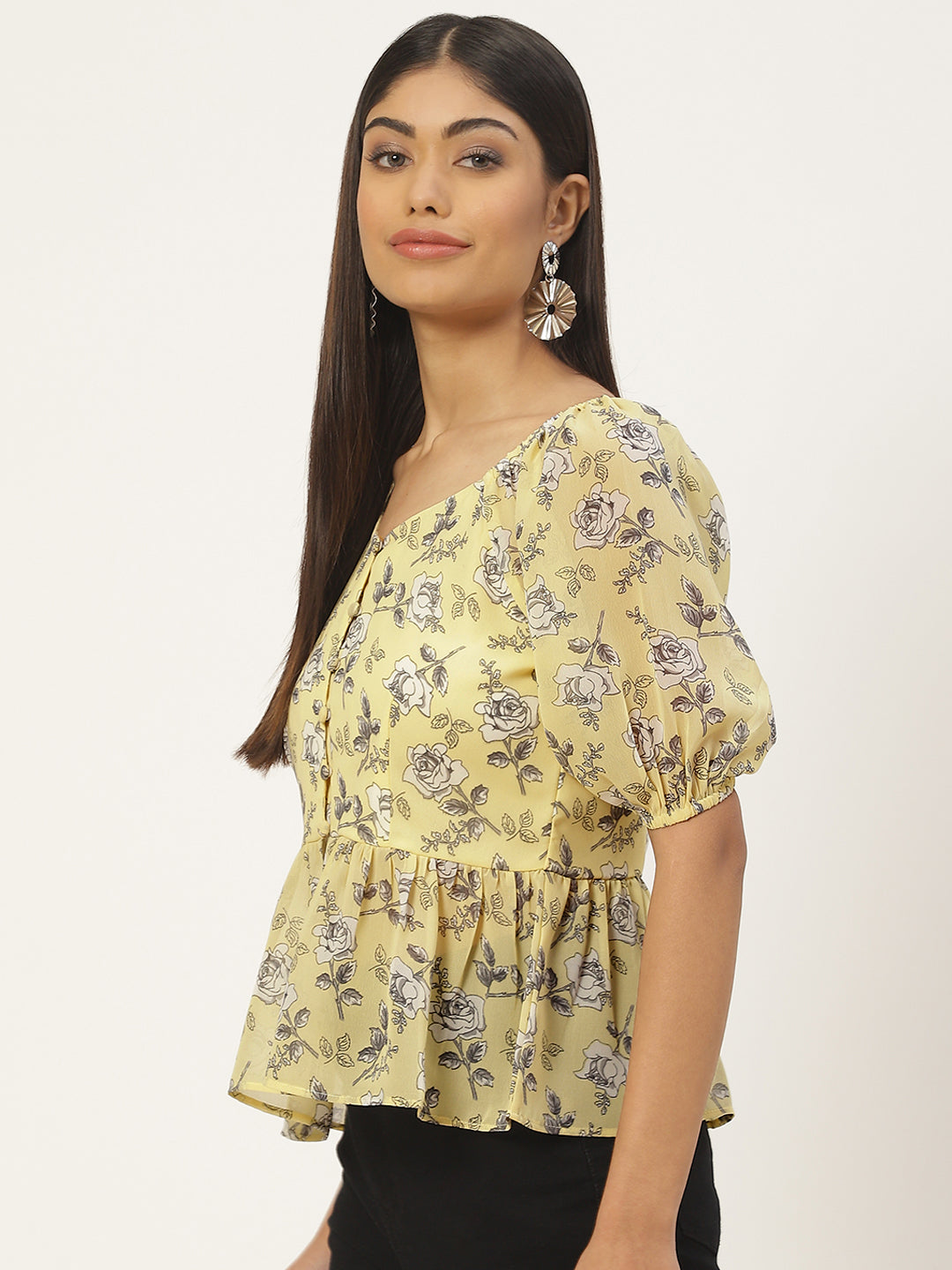 Floral Print Sweetheart Neck Georgette Peplum Top