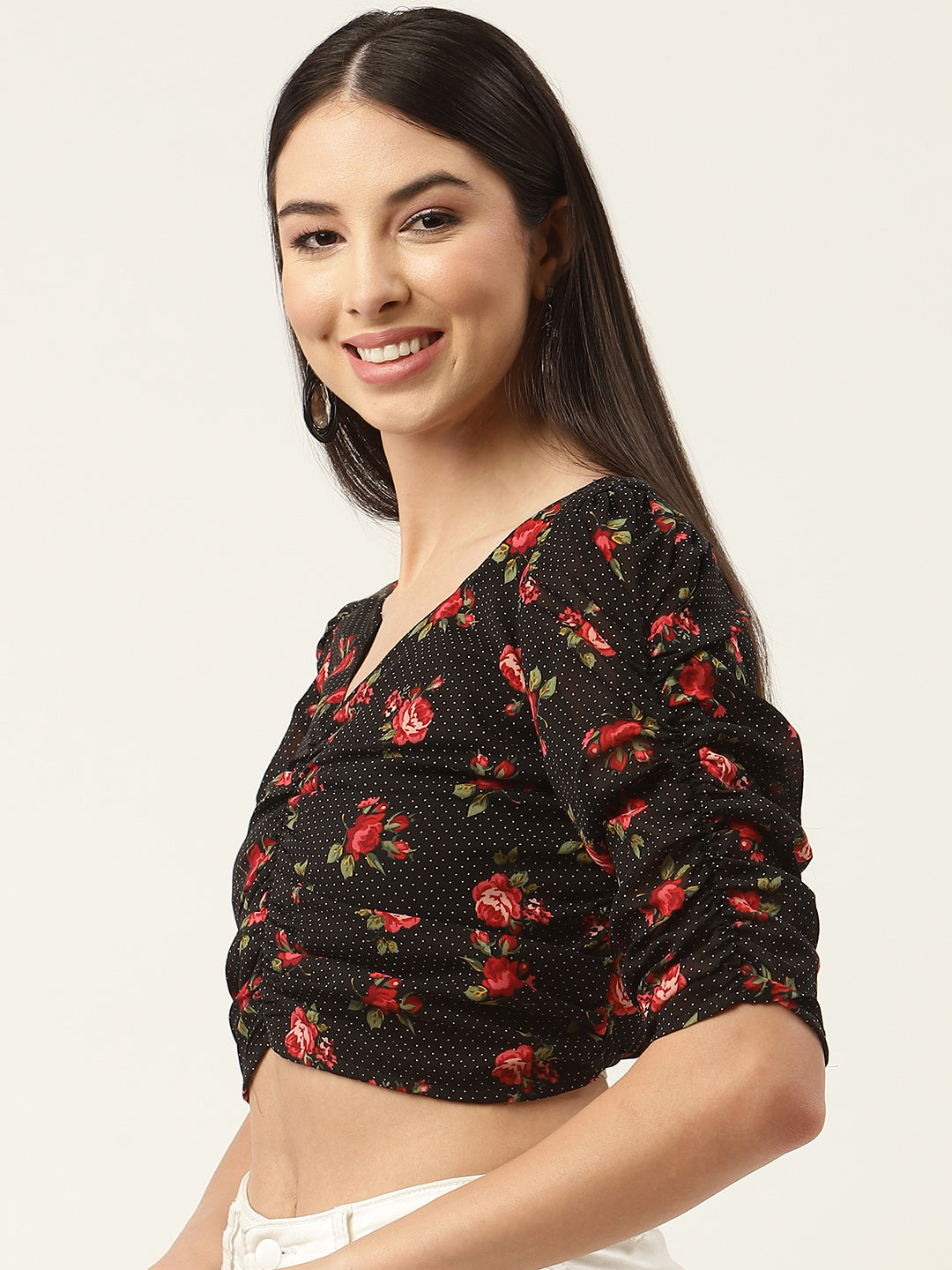 Black & Red Floral Print Georgette Crop Top