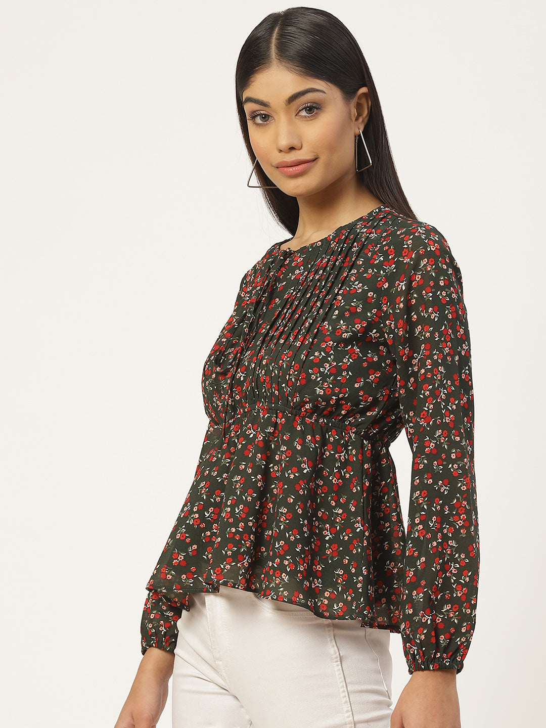 Multiclored Floral Print Tie-Up Neck Georgette Peplum Top