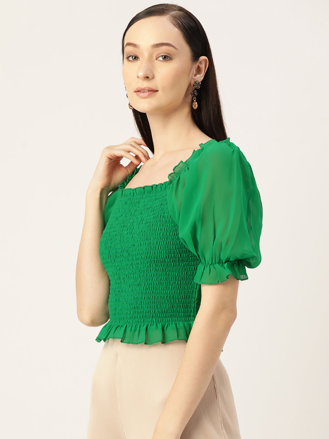 Green Smocked Georgette Crop Top