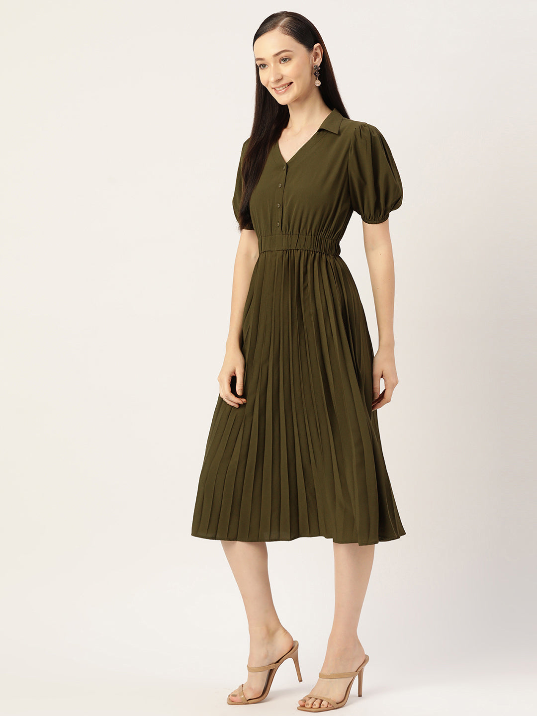 Women Olive Crepe Midi Dress.