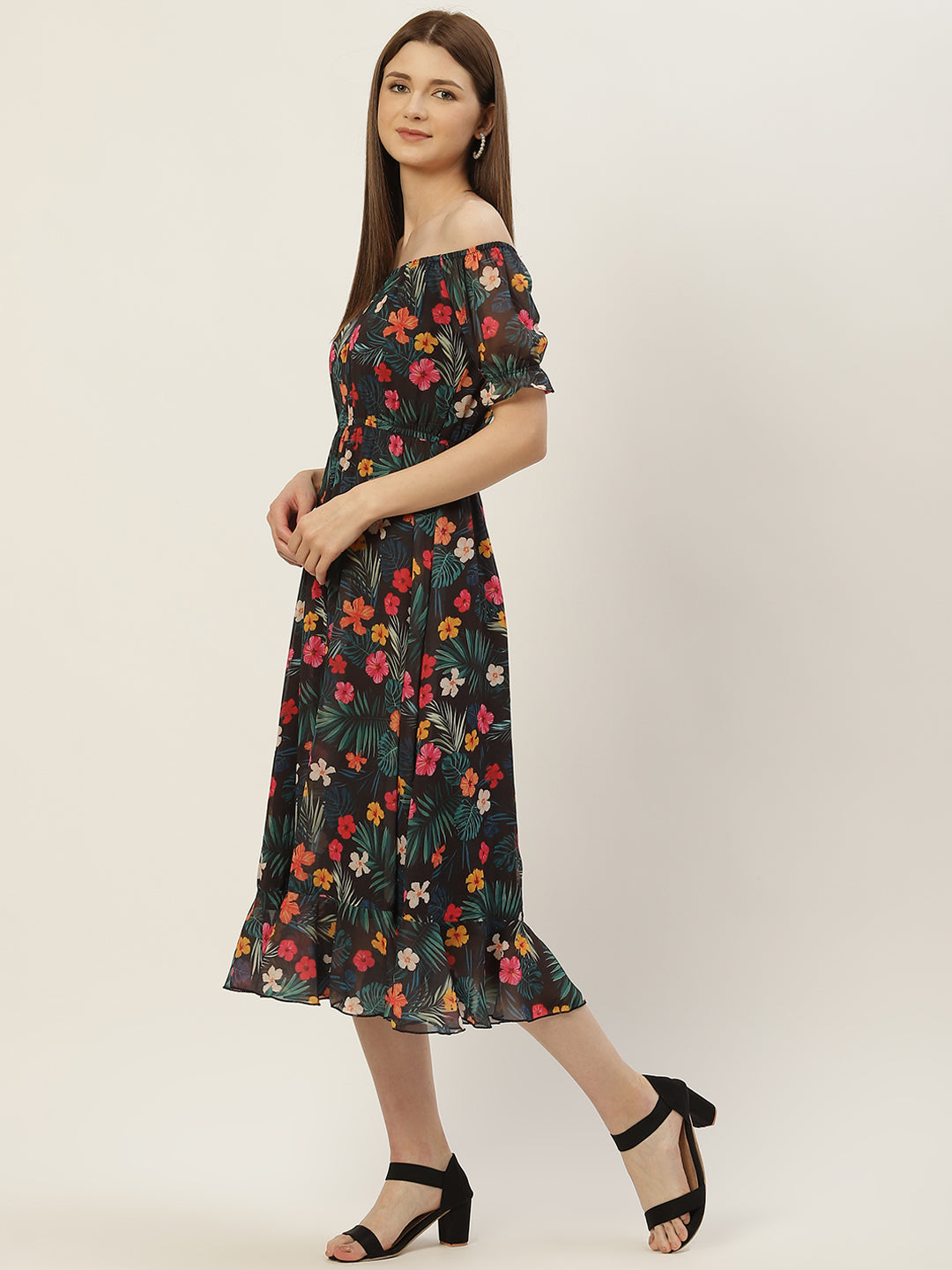 Women Multicoloured Floral Off-Shoulder Georgette A-Line Midi Dress