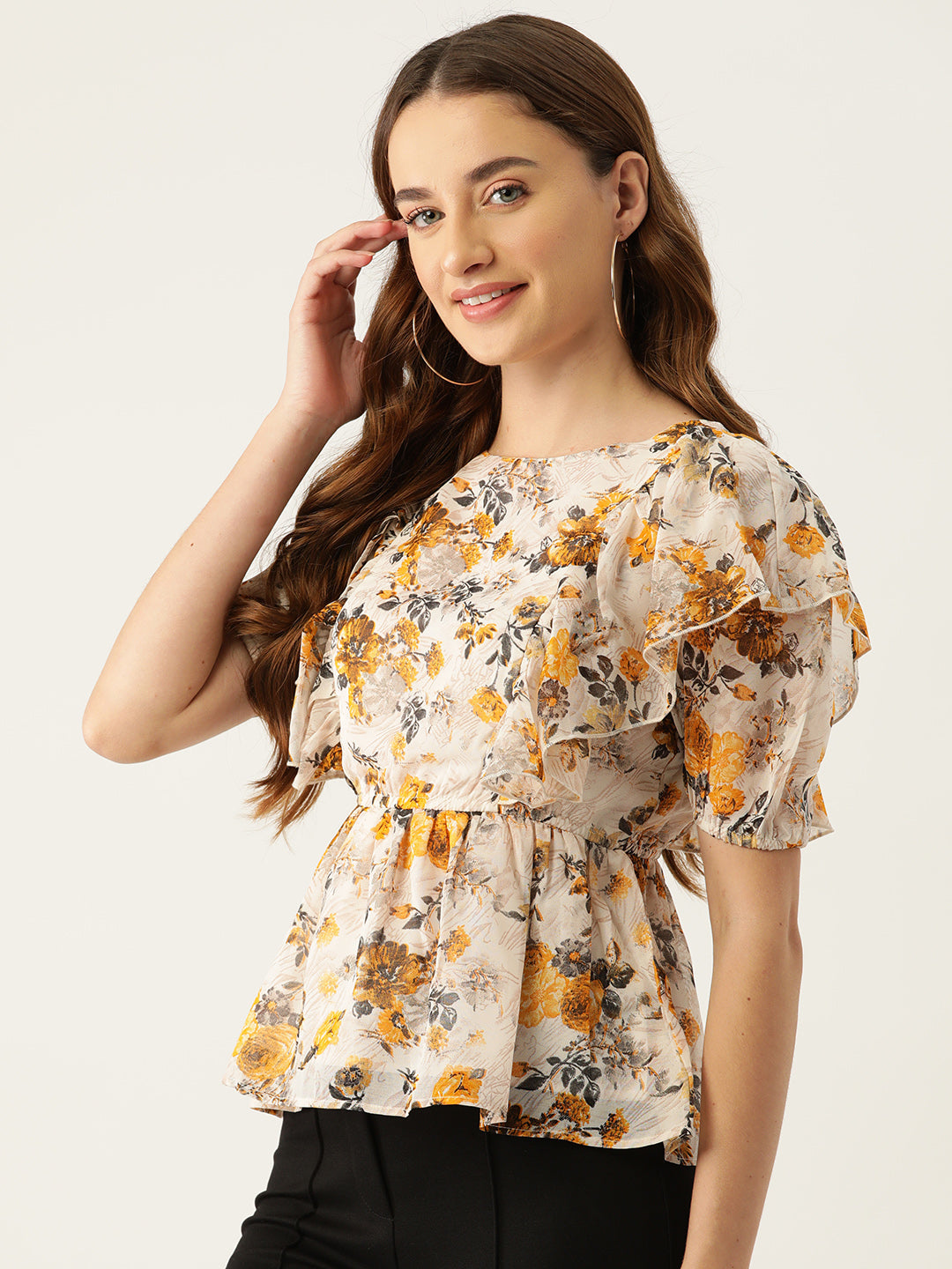 Slenor Floral Printed Flared Sleeve Crepe Peplum Top