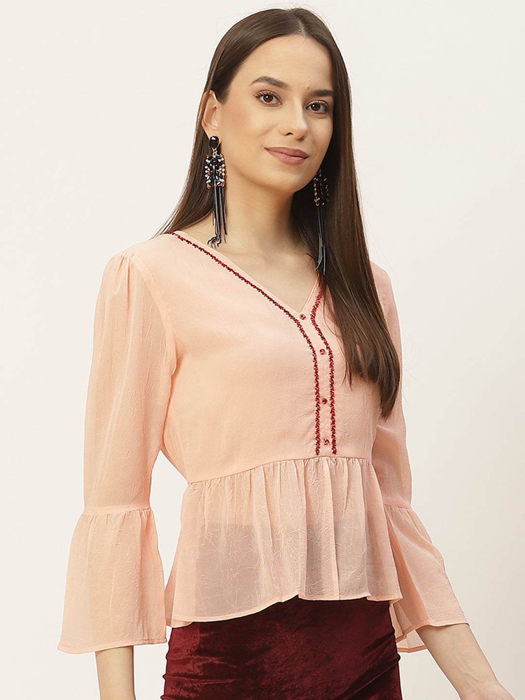 Casual Regular Sleeves Embellished Women Pink Top