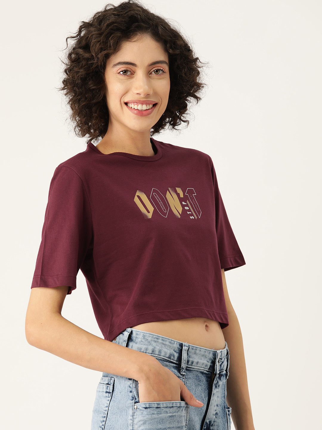 Slenor Women ' s Maroon Typography Front & Back Printed Crop T-shirt