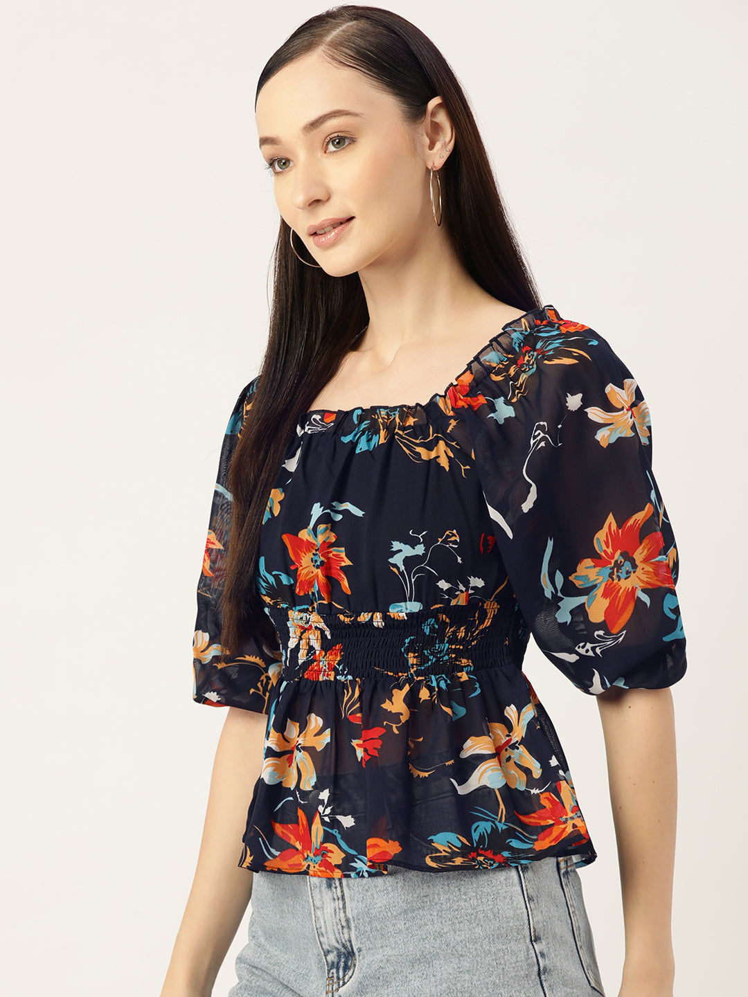 Navy Blue Floral Print Georgette Peplum Top