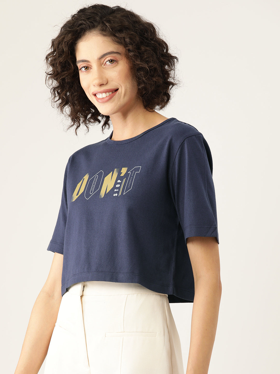 Slenor Women ' s Navy Blue Typography Front & Back Printed Crop T-shirt