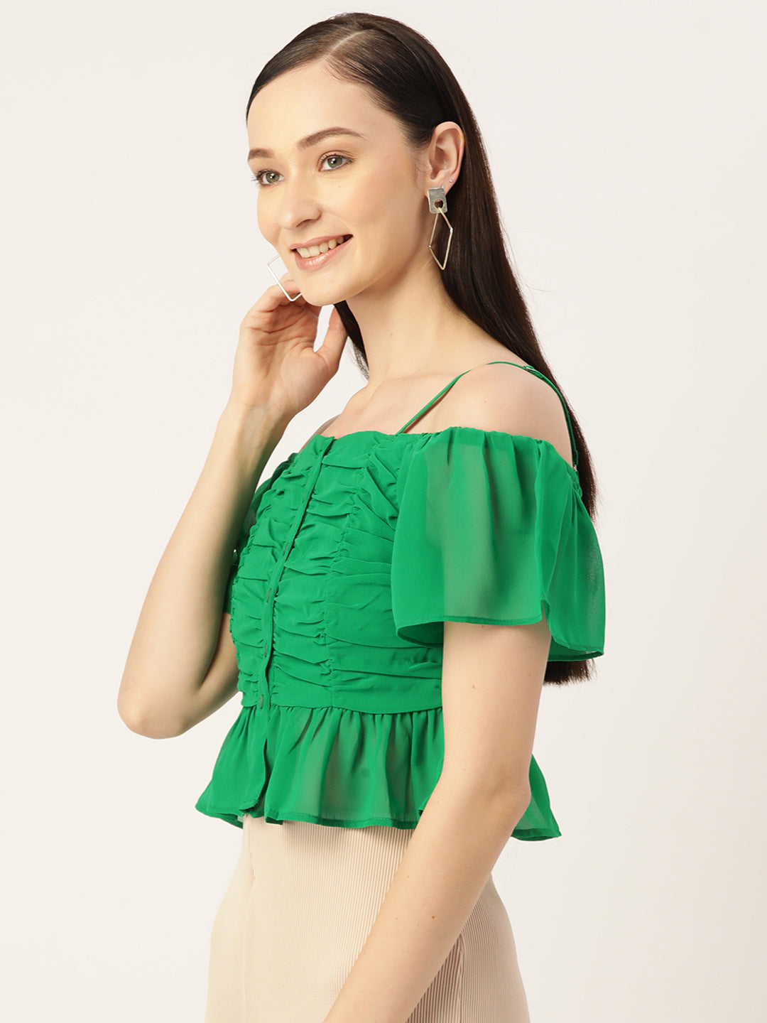 Green Ruched Georgette Bardot Top