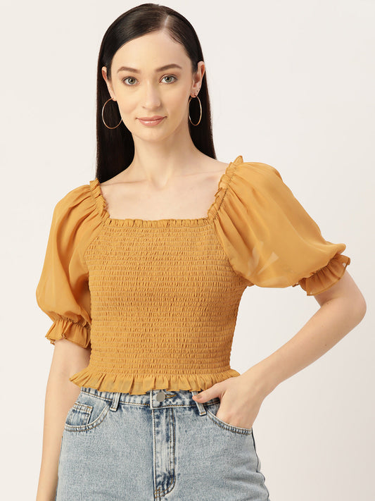 Mustard Smocked Georgette Crop Top