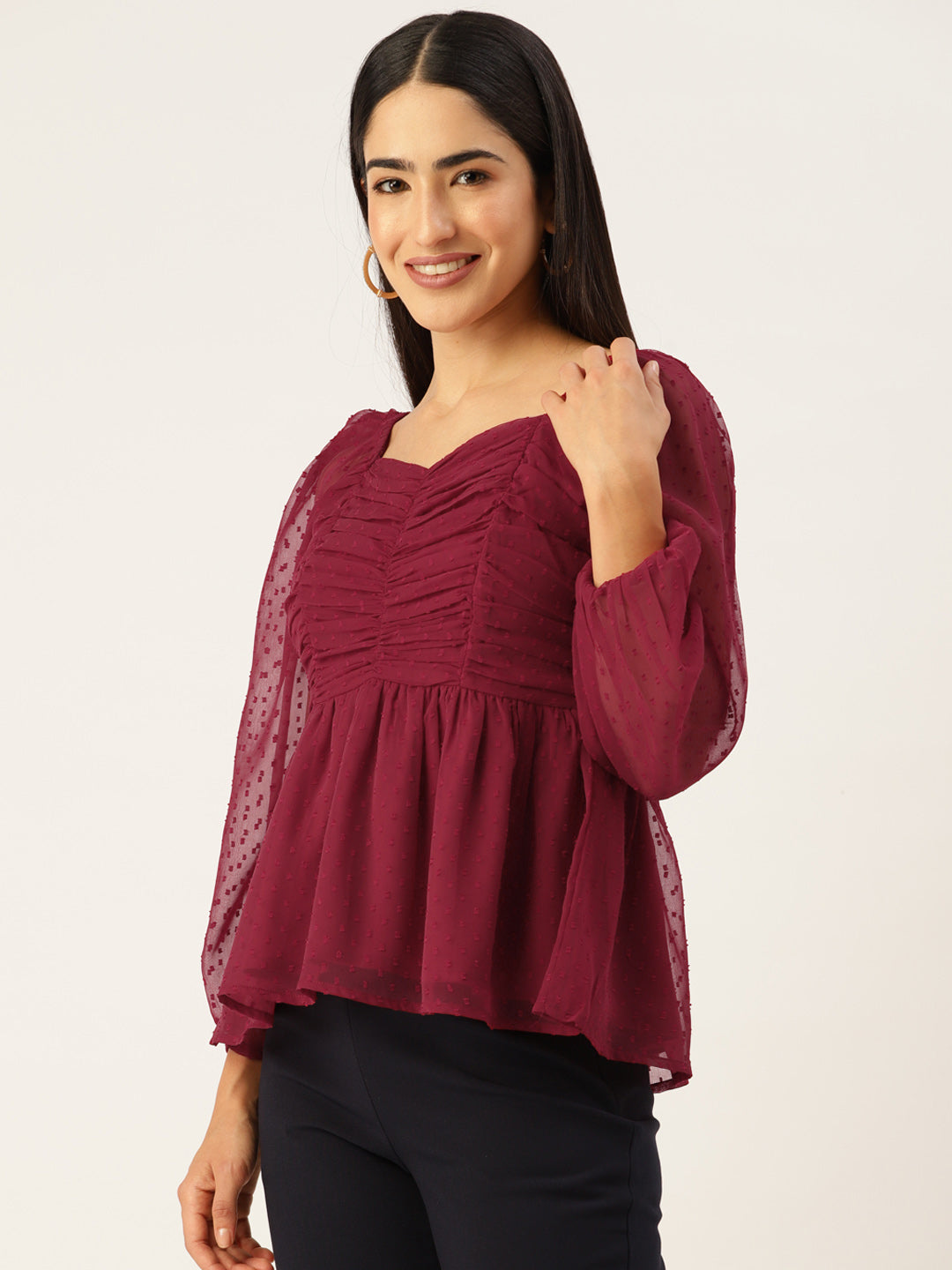 Red Sweetheart Neck Georgette Peplum Top