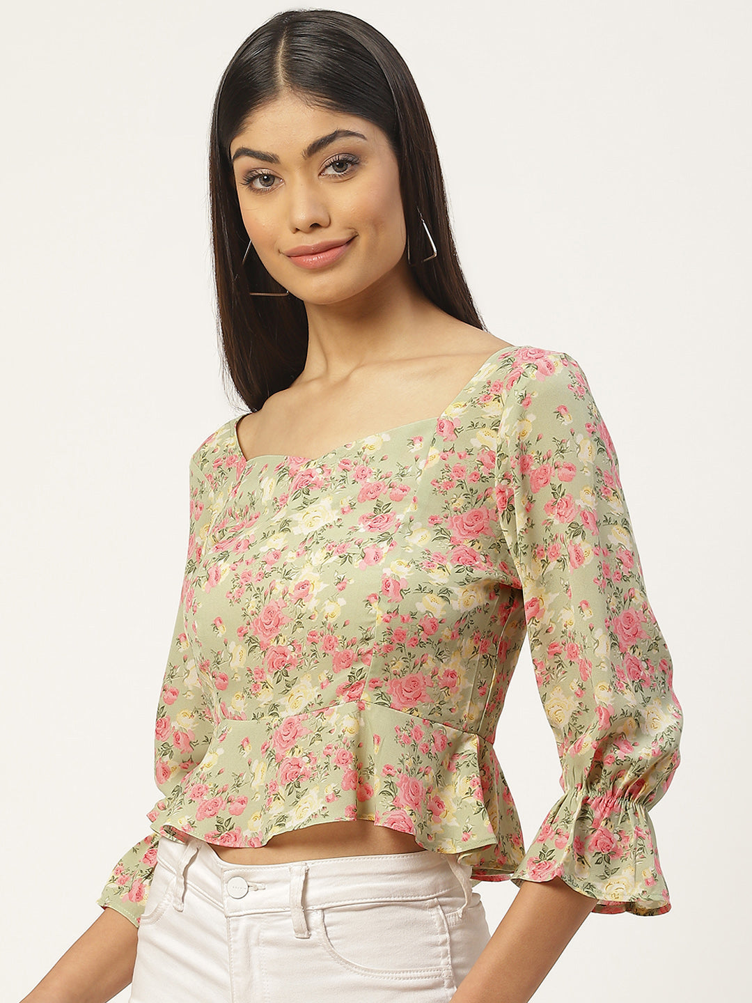 Floral Print Sweetheart Neck Smocked Georgette Peplum Top