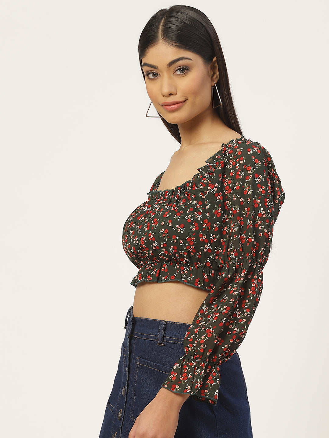 Floral Print Georgette Blouson Crop Top