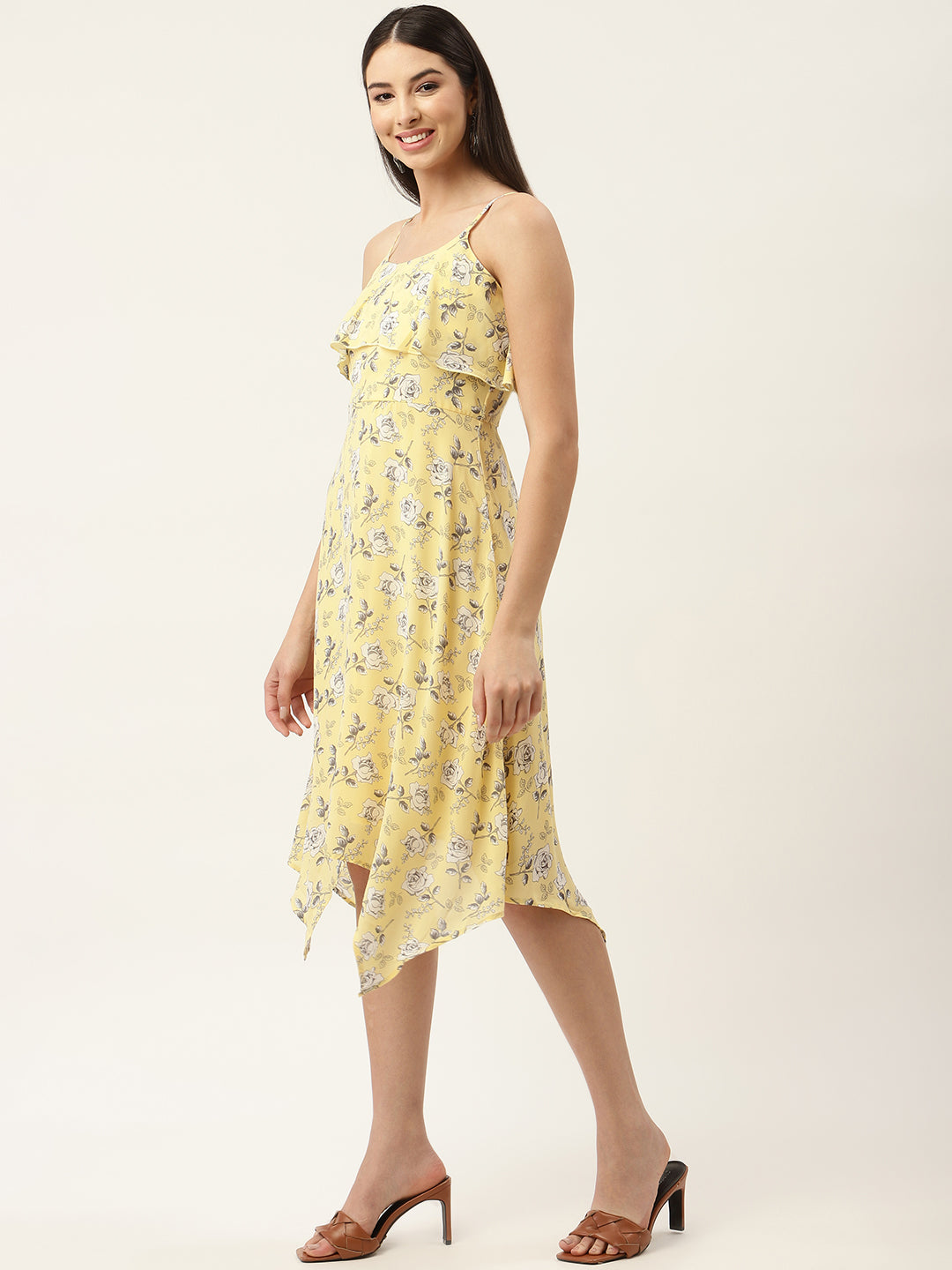 Yellow Floral Layered Georgette Midi Dress